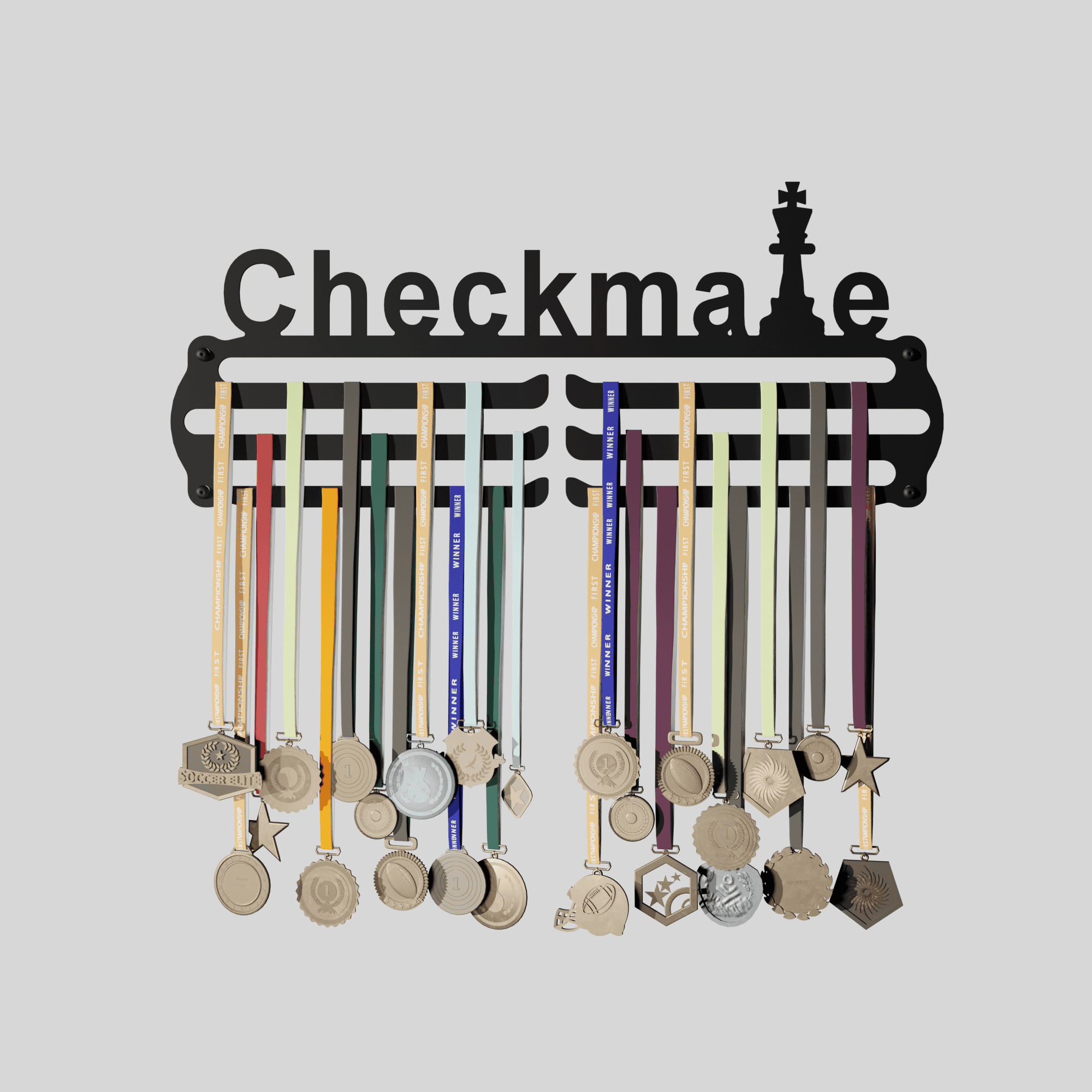 Check Mate - Hang up to 60+ Medals - Steel (48 * 30 CM) - Glory Medal Hangers Wall Display | Black, Glossy Finish