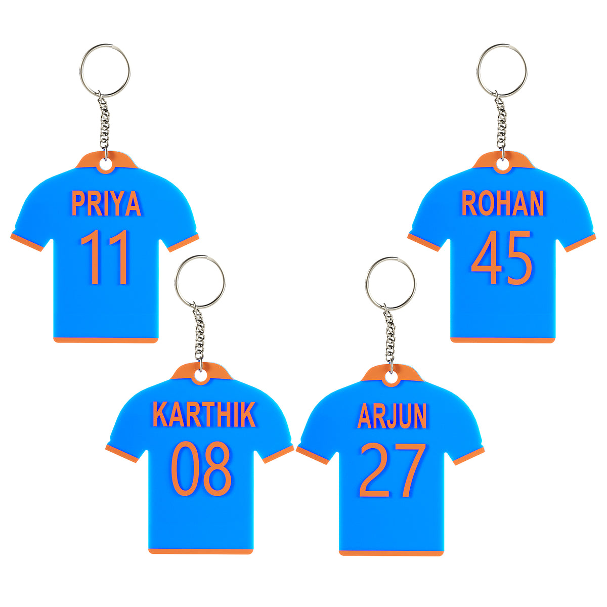 Customized Jersey Keychain with Name & Number | Personalized Sports Jersey Keychain | Sky Blue with Orange Border