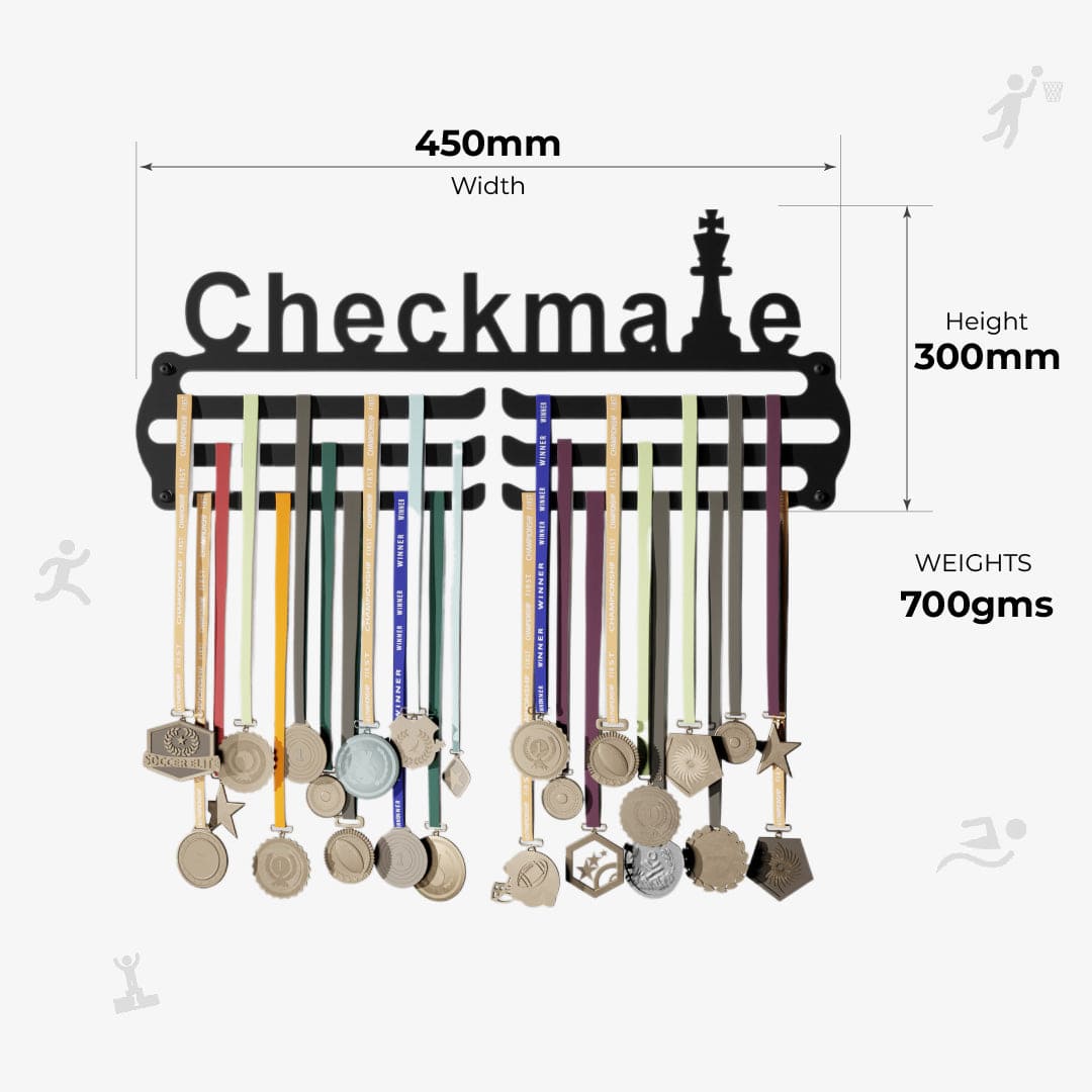 Check Mate - Hang up to 60+ Medals - Steel (48 * 30 CM) - Glory Medal Hangers Wall Display | Black, Glossy Finish