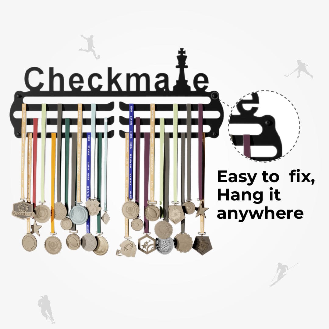 Check Mate - Hang up to 60+ Medals - Steel (48 * 30 CM) - Glory Medal Hangers Wall Display | Black, Glossy Finish