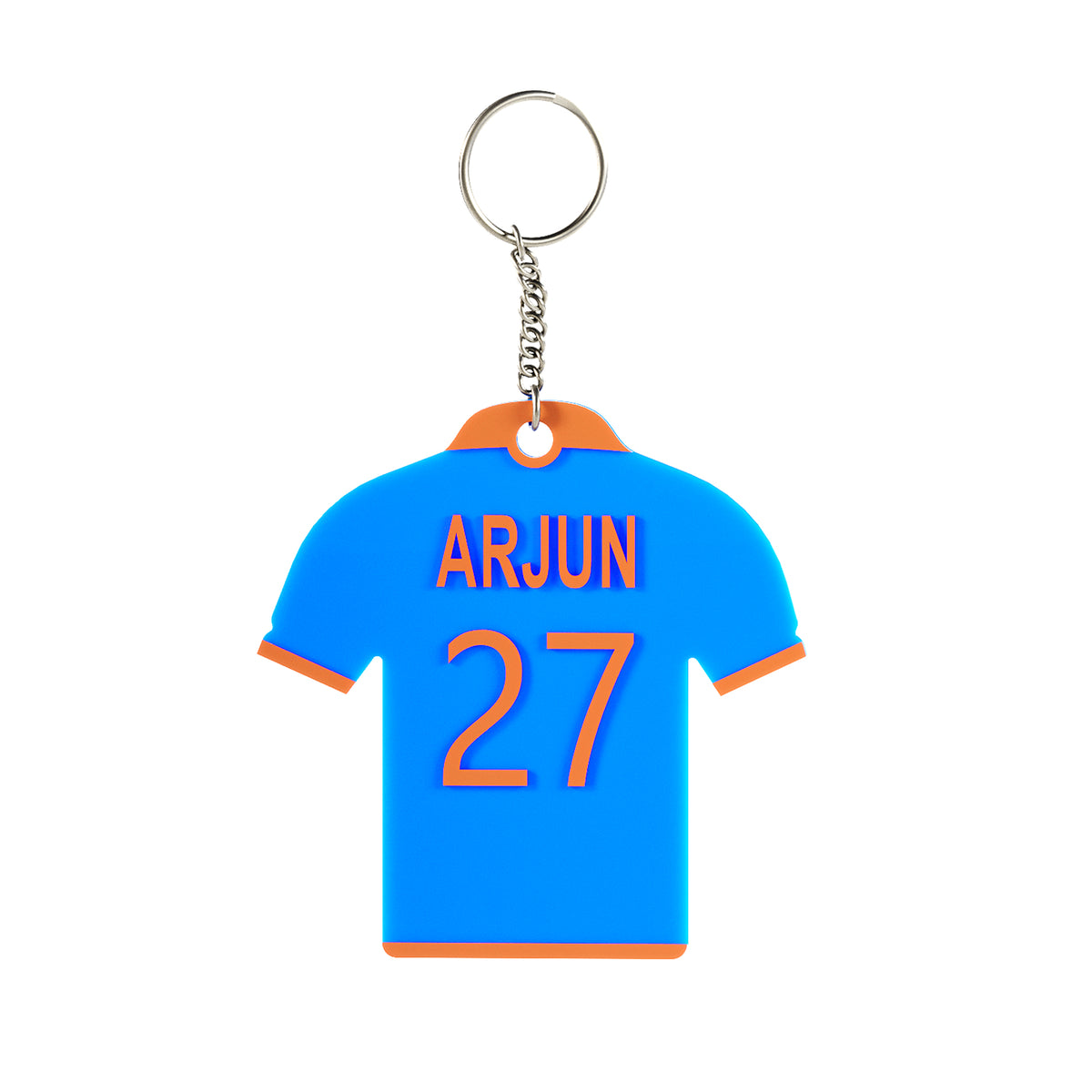 Customized Jersey Keychain with Name & Number | Personalized Sports Jersey Keychain | Sky Blue with Orange Border