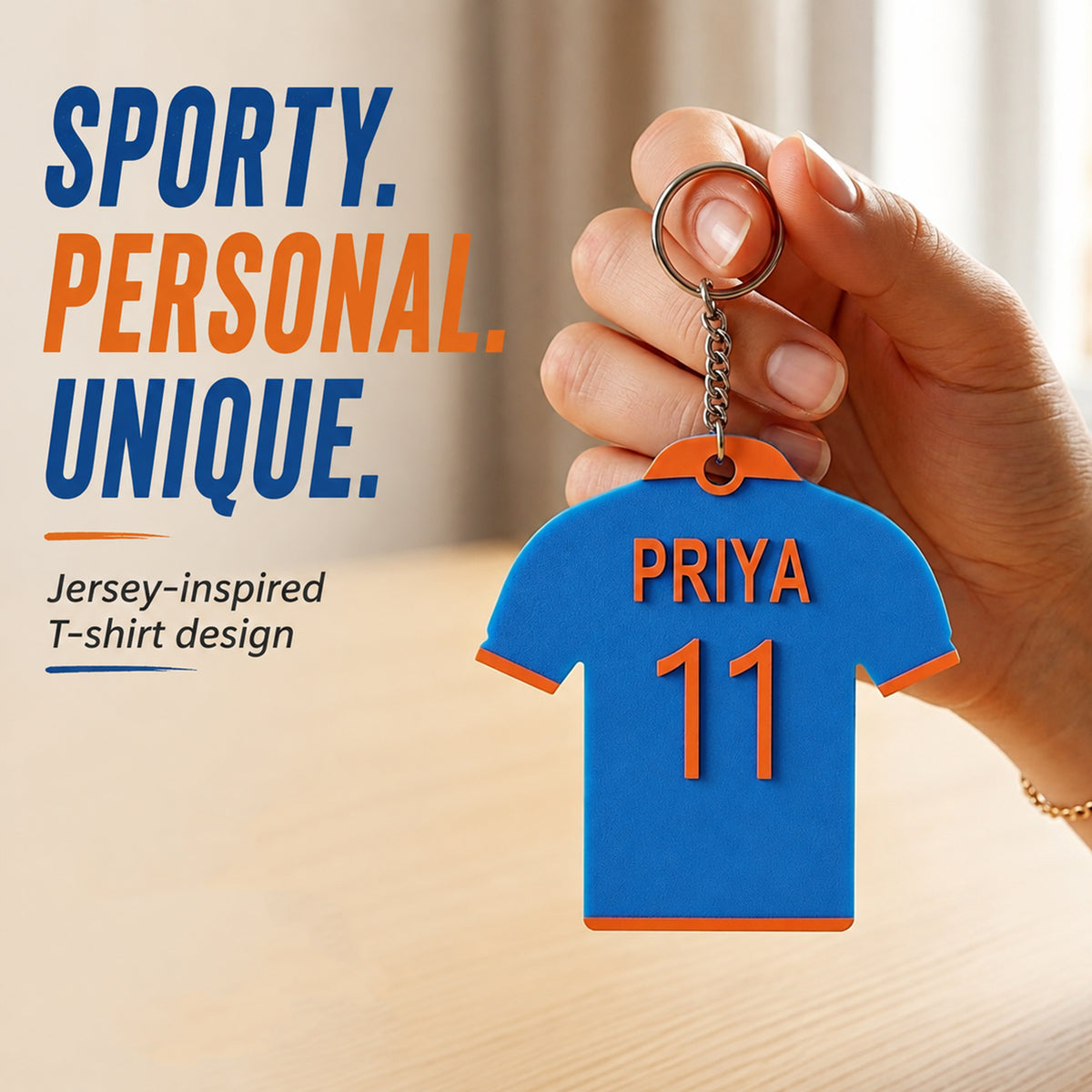 Customized Jersey Keychain with Name & Number | Personalized Sports Jersey Keychain | Sky Blue with Orange Border