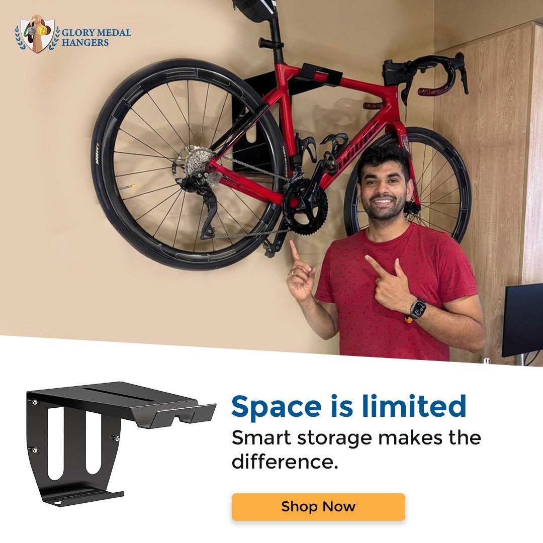 Bicycle Wall Mount With Shelf- Cycling Indoor Bike Storage, Wall Rack | Organize Helmet, Sun Glass, Shoe | Hang Heavy Duty Bike | Space Saving For Road, Racing, Mountain, City Or Other Bicycle