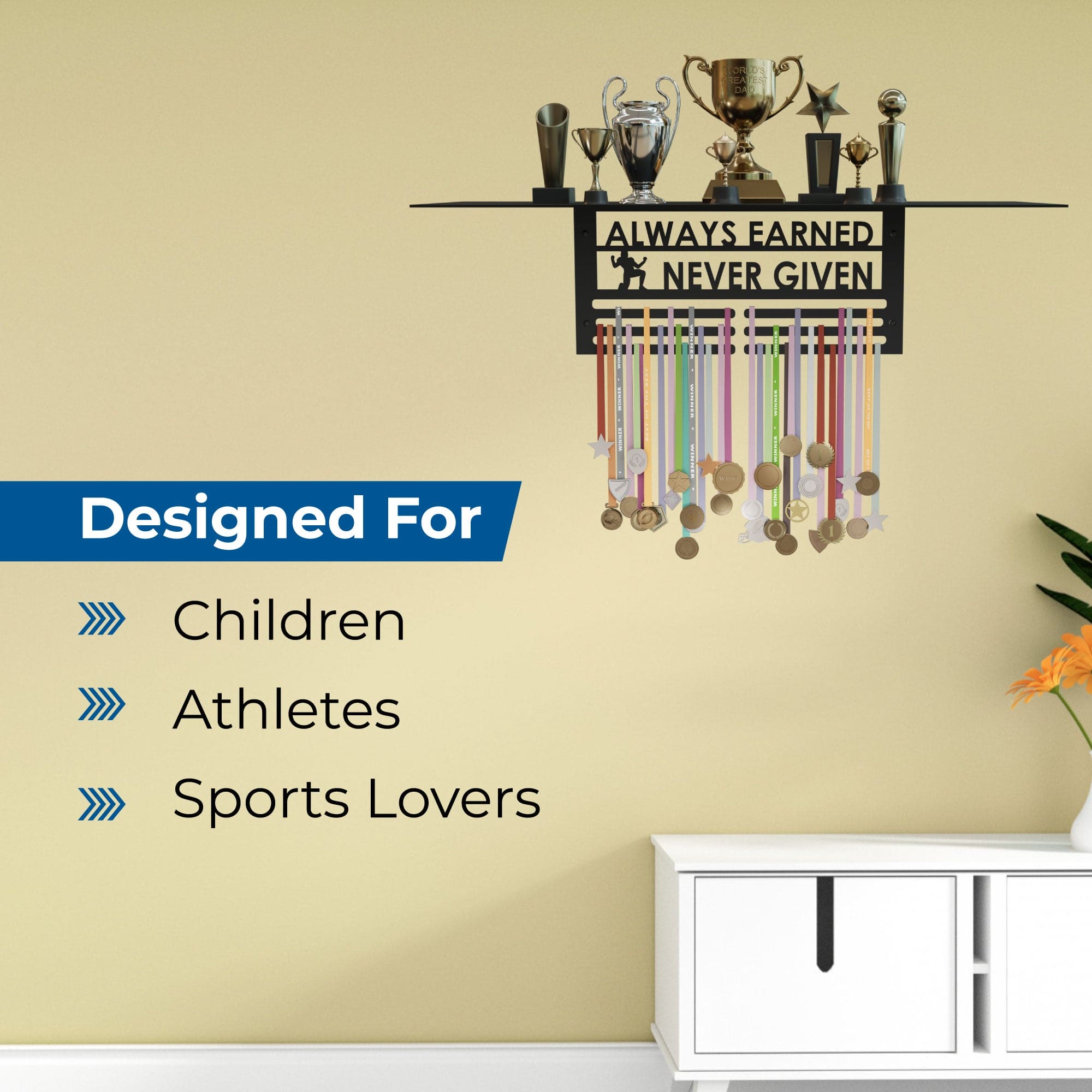 Glory Trophy Rack with Medal Hanger - Always Earned Never Given– Holds Up to 8 Trophies and 30 Medals – Glossy Black Finish – Metal Display for Sports Achievements – Perfect for Homes