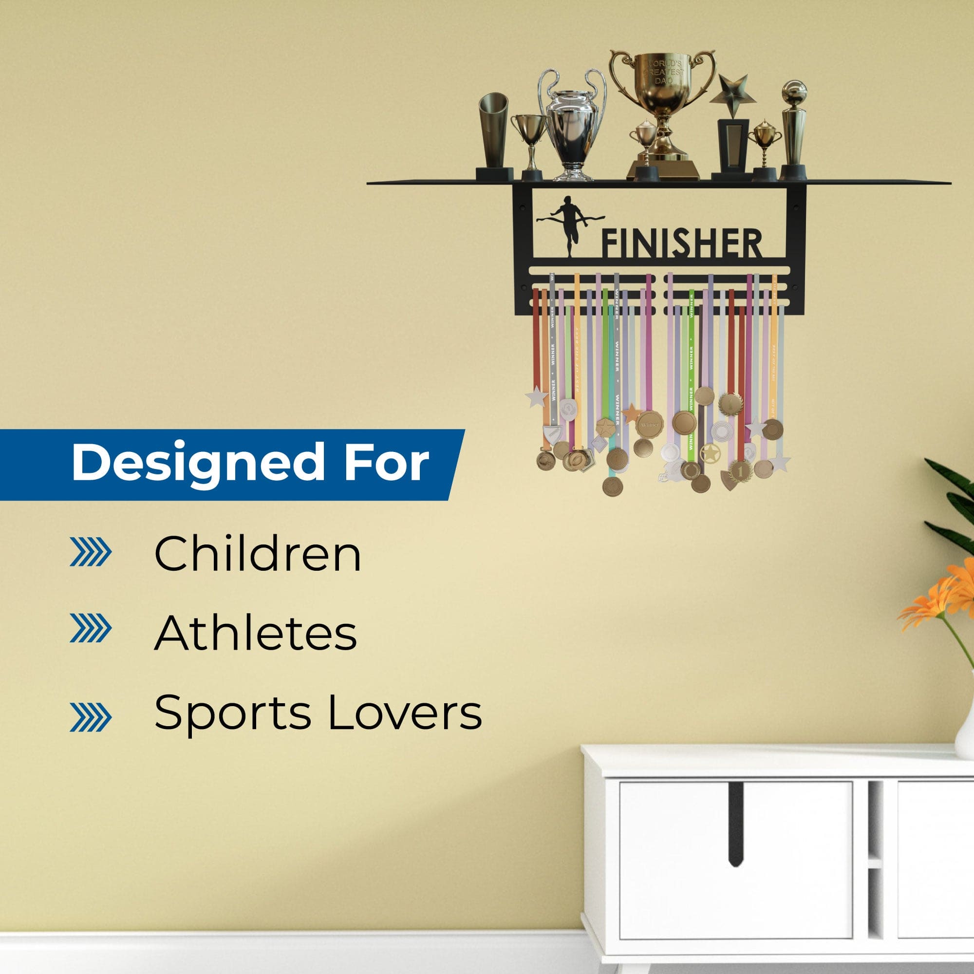 Glory Trophy Rack with Medal Hanger - Finisher – Holds Up to 8 Trophies and 30 Medals – Glossy Black Finish – Metal Display for Sports Achievements – Perfect for Homes.