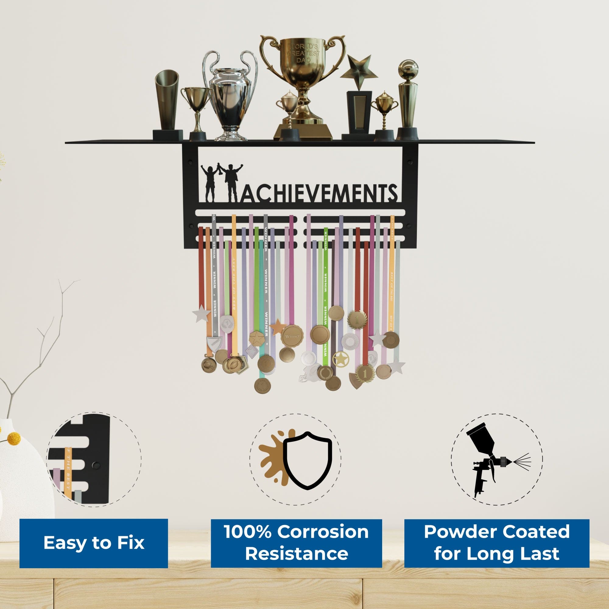 Trophy Rack with Medal Hanger - Achievement – Holds Up to 8 Trophies and 30 Medals – Glossy Black Finish – Metal Display for Sports Achievements – Perfect for Homes, Schools, and Sports Clubs