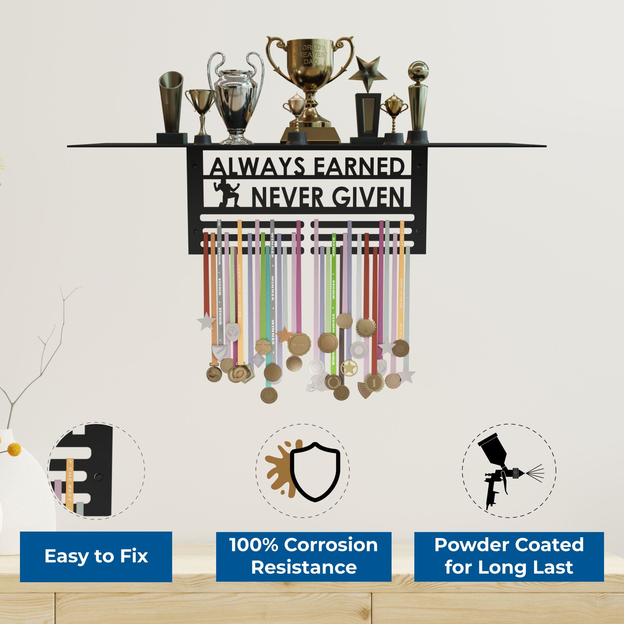 Glory Trophy Rack with Medal Hanger - Always Earned Never Given– Holds Up to 8 Trophies and 30 Medals – Glossy Black Finish – Metal Display for Sports Achievements – Perfect for Homes