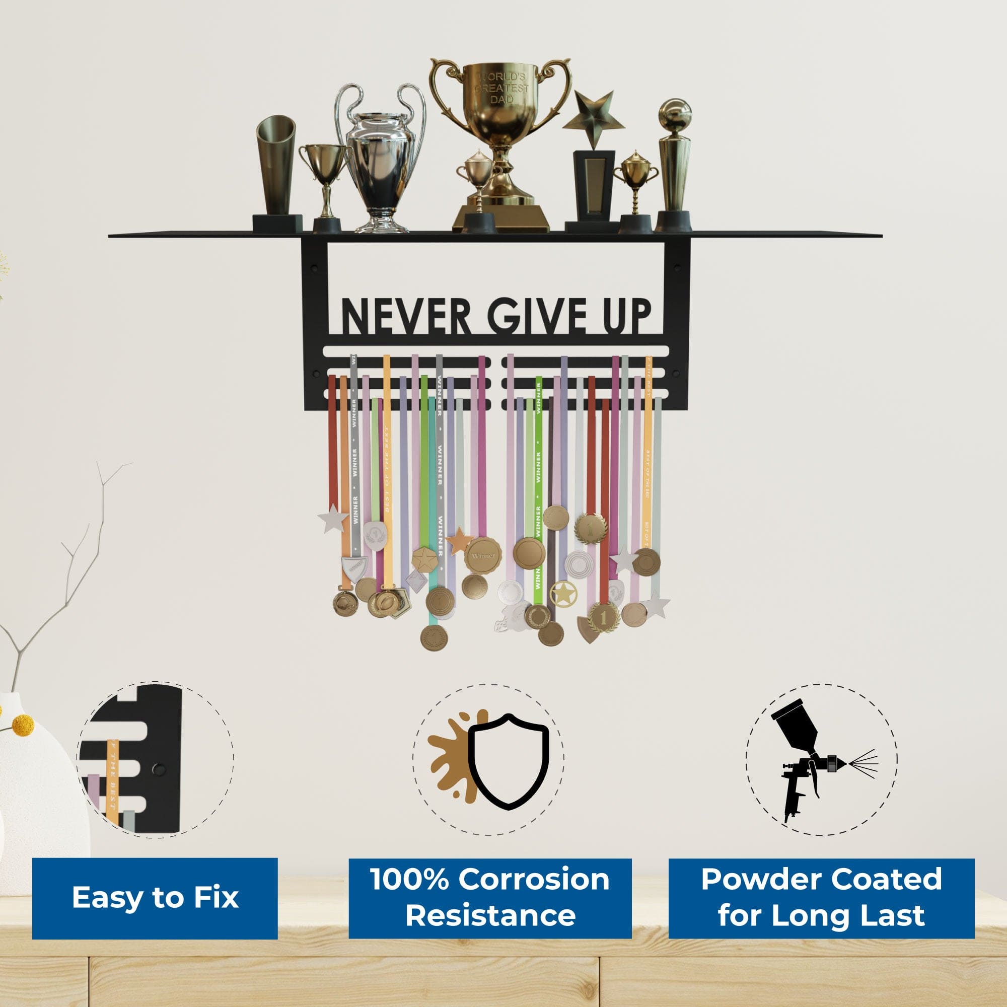 Glory Trophy Rack with Medal Hanger - Never Give Up: – Holds Up to 8 Trophies and 30 Medals – Glossy Black Finish – Metal Display for Sports Achievements
