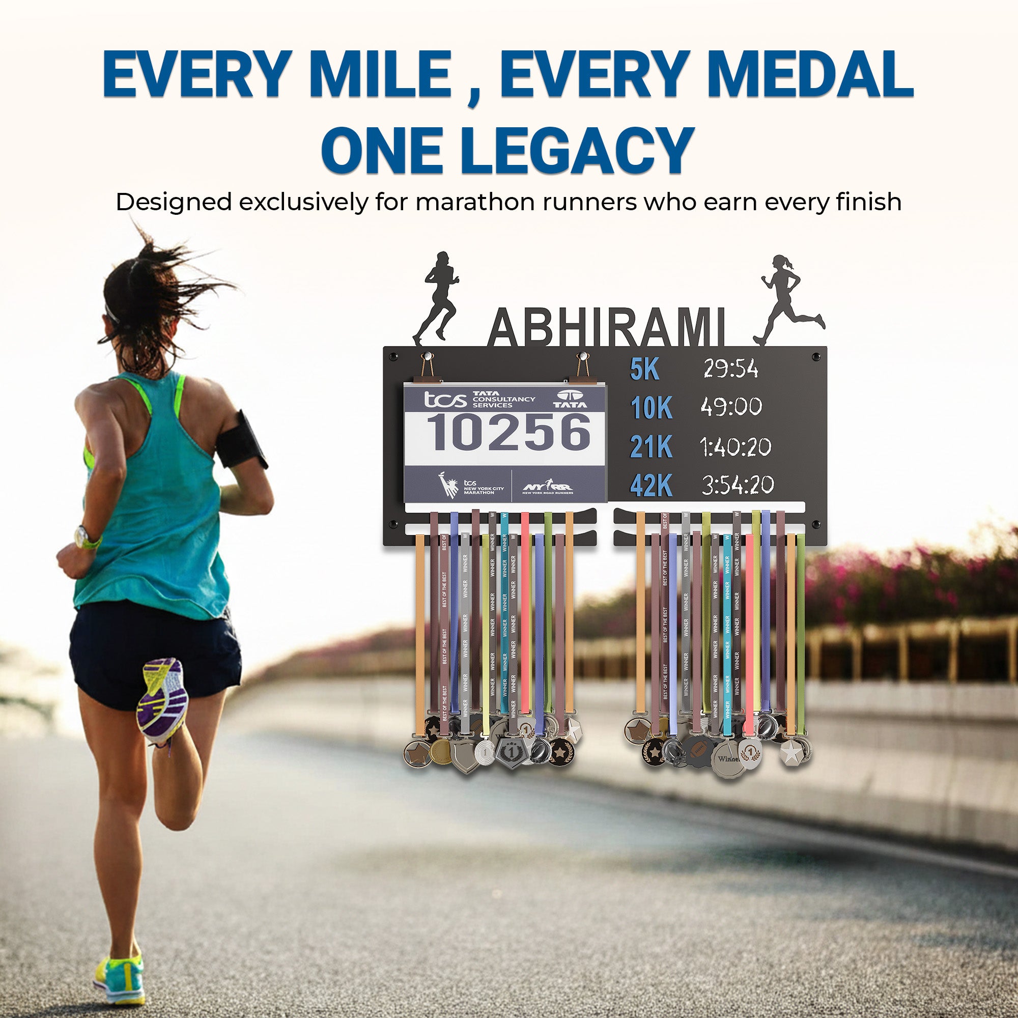 GLORY MEDAL HANGERS Personalized Marathon Bib & Medal Display Board | Running & Sports Achievement Holder | Hold Upto 40 Medals