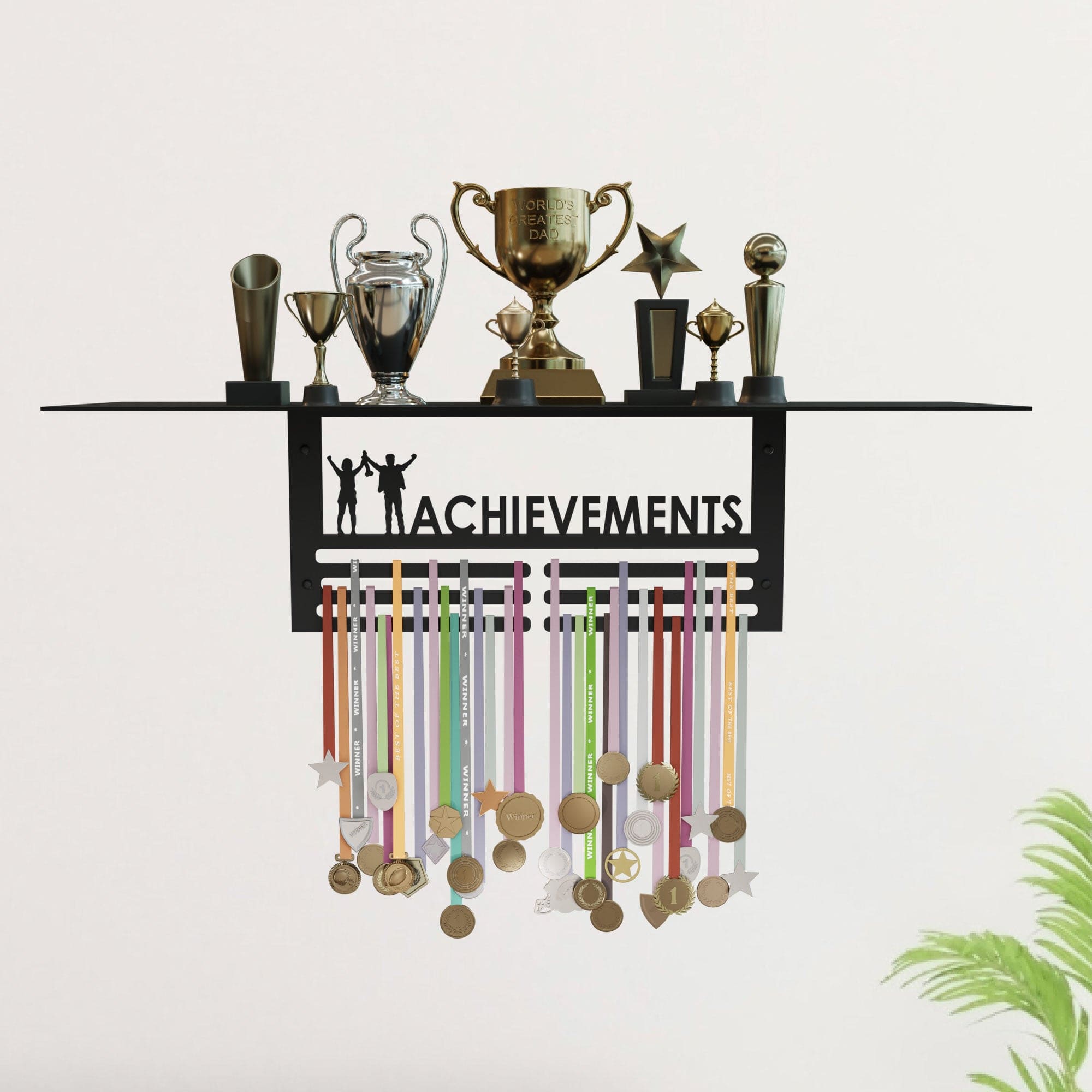 Trophy Rack with Medal Hanger - Achievement – Holds Up to 8 Trophies and 30 Medals – Glossy Black Finish – Metal Display for Sports Achievements – Perfect for Homes, Schools, and Sports Clubs