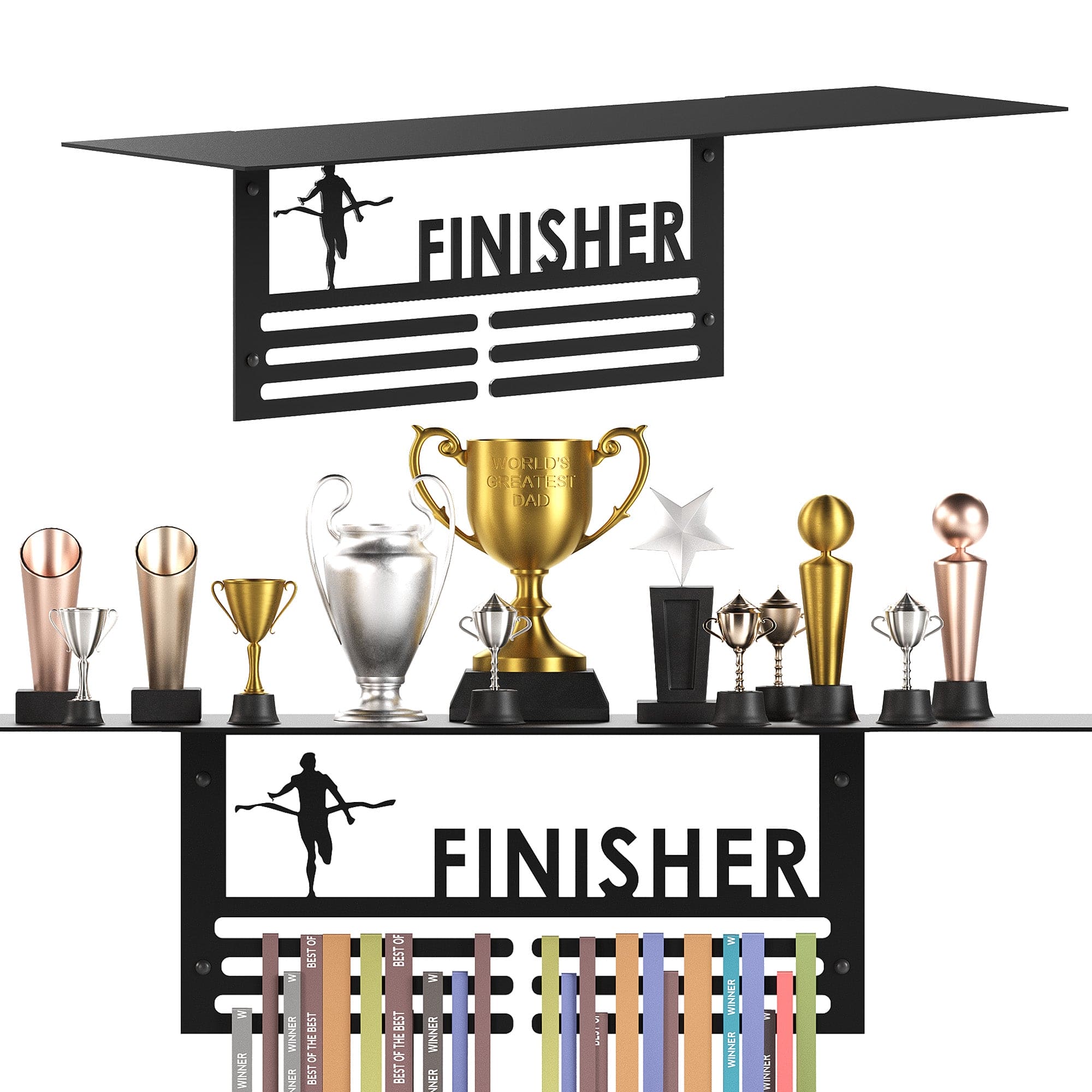 Glory Trophy Rack with Medal Hanger - Finisher – Holds Up to 8 Trophies and 30 Medals – Glossy Black Finish – Metal Display for Sports Achievements – Perfect for Homes.
