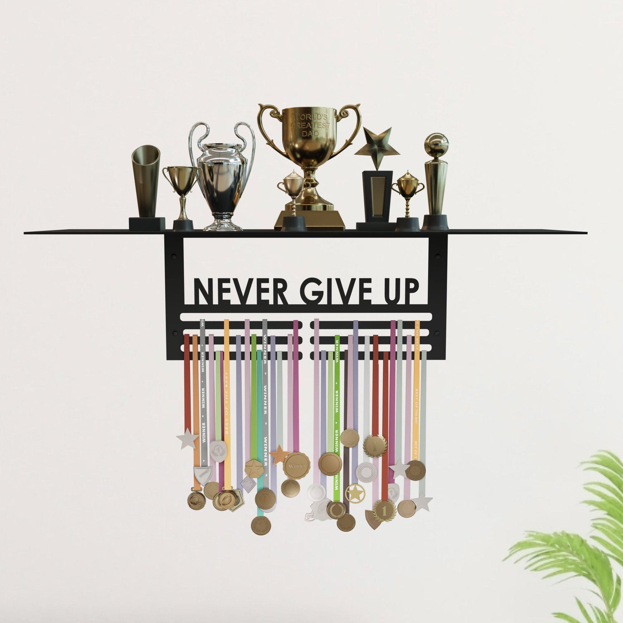 Glory Trophy Rack with Medal Hanger - Never Give Up: – Holds Up to 8 Trophies and 30 Medals – Glossy Black Finish – Metal Display for Sports Achievements