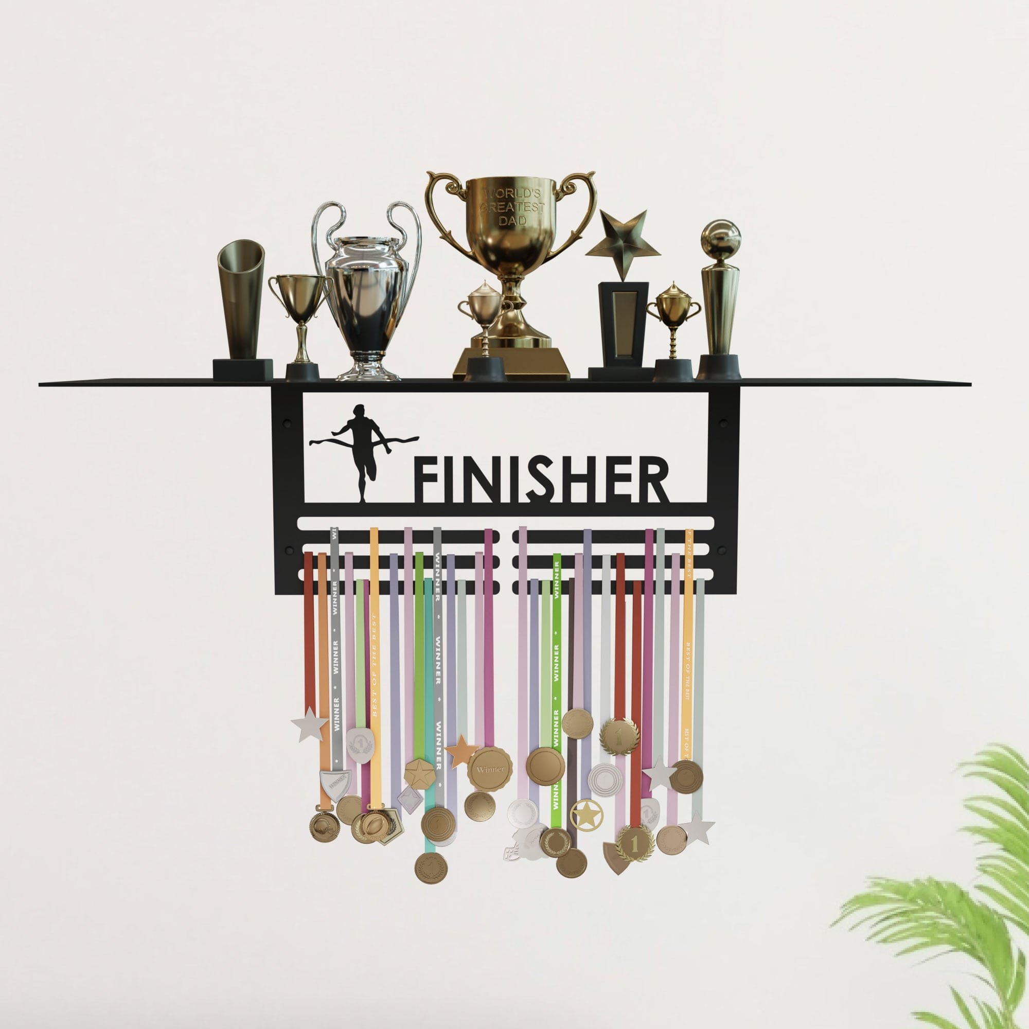 Glory Trophy Rack with Medal Hanger - Finisher – Holds Up to 8 Trophies and 30 Medals – Glossy Black Finish – Metal Display for Sports Achievements – Perfect for Homes.