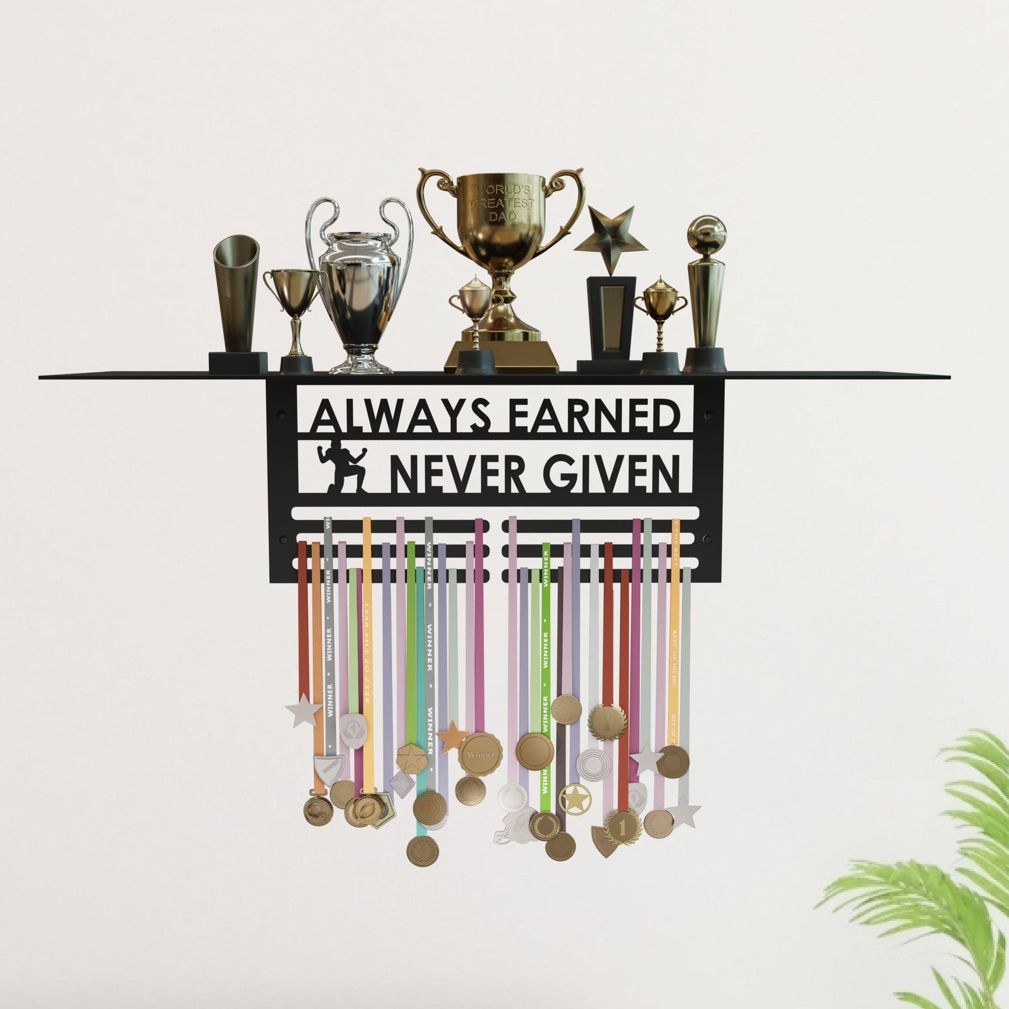 Glory Trophy Rack with Medal Hanger - Always Earned Never Given– Holds Up to 8 Trophies and 30 Medals – Glossy Black Finish – Metal Display for Sports Achievements – Perfect for Homes