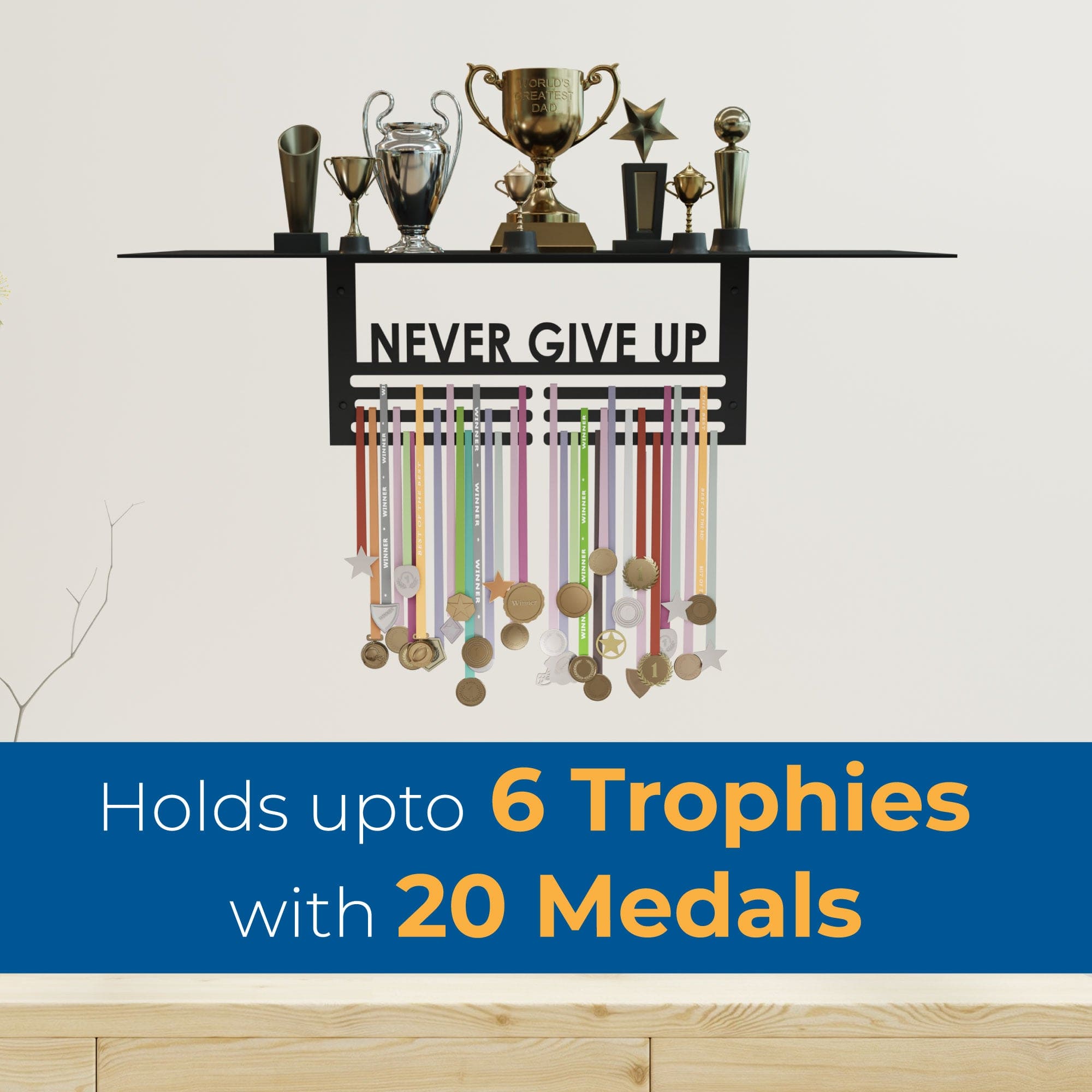 Glory Trophy Rack with Medal Hanger - Never Give Up: – Holds Up to 8 Trophies and 30 Medals – Glossy Black Finish – Metal Display for Sports Achievements