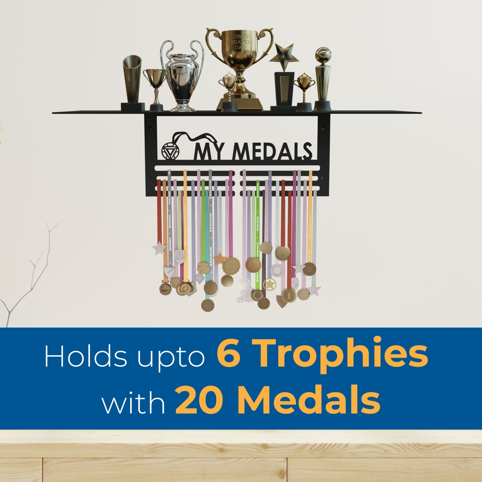Glory Trophy Rack with Medal Hanger - My Medals – Holds Up to 8 Trophies and 30 Medals – Glossy Black Finish – Metal Display for Sports Achievements – Perfect for Homes, Schools.