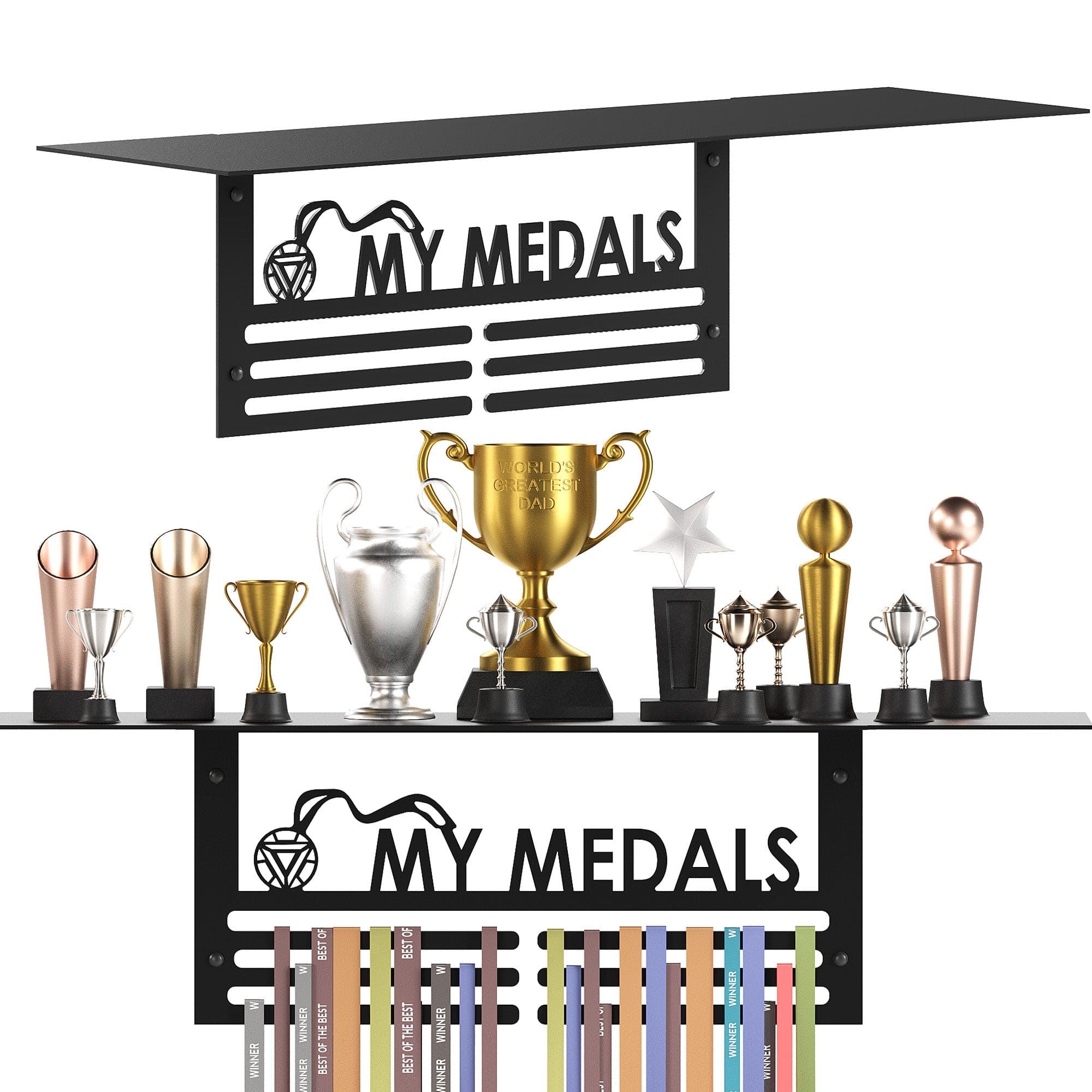 Glory Trophy Rack with Medal Hanger - My Medals – Holds Up to 8 Trophies and 30 Medals – Glossy Black Finish – Metal Display for Sports Achievements – Perfect for Homes, Schools.