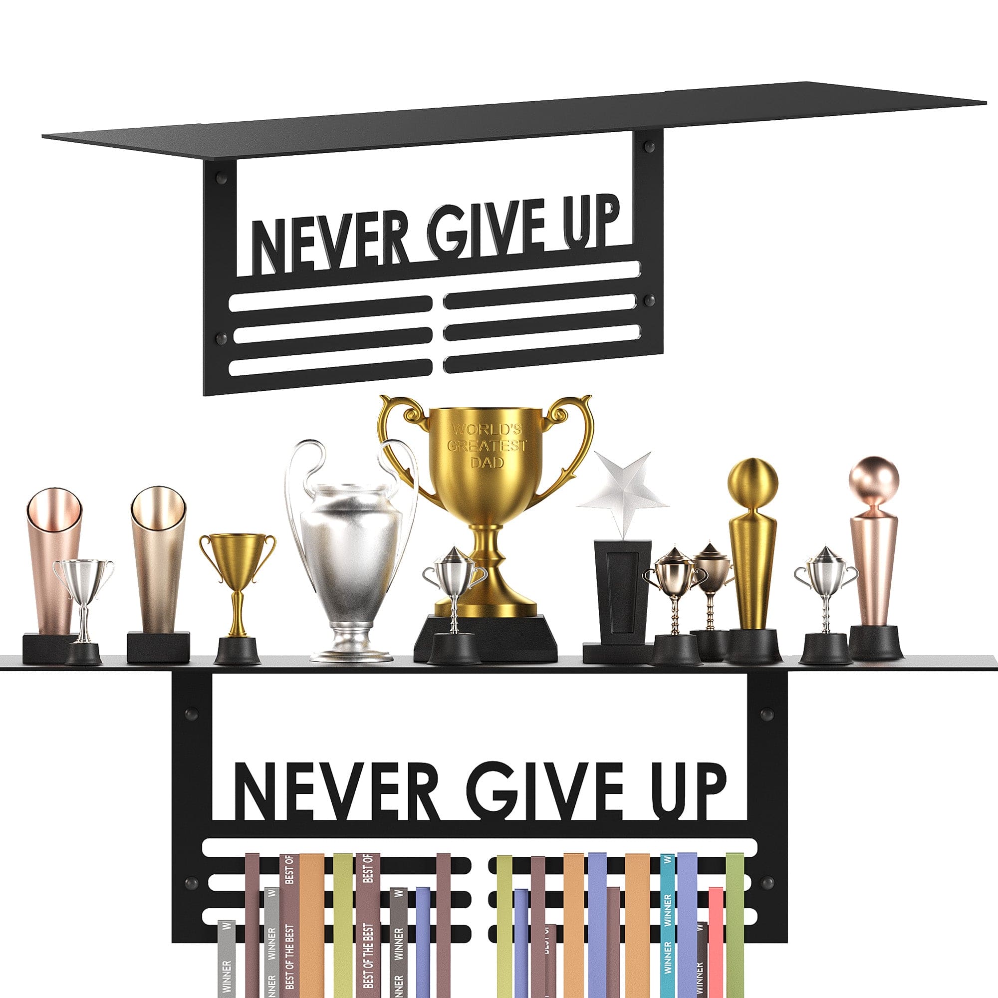 Glory Trophy Rack with Medal Hanger - Never Give Up – Holds Up to 8 Trophies and 30 Medals – Glossy Black Finish – Metal Display for Sports Achievements