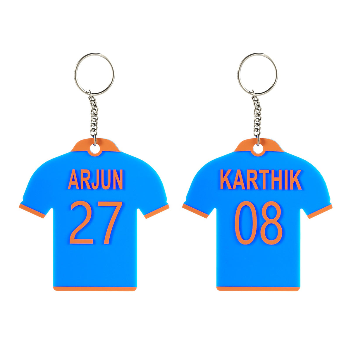 Customized Jersey Keychain with Name & Number | Personalized Sports Jersey Keychain | Sky Blue with Orange Border