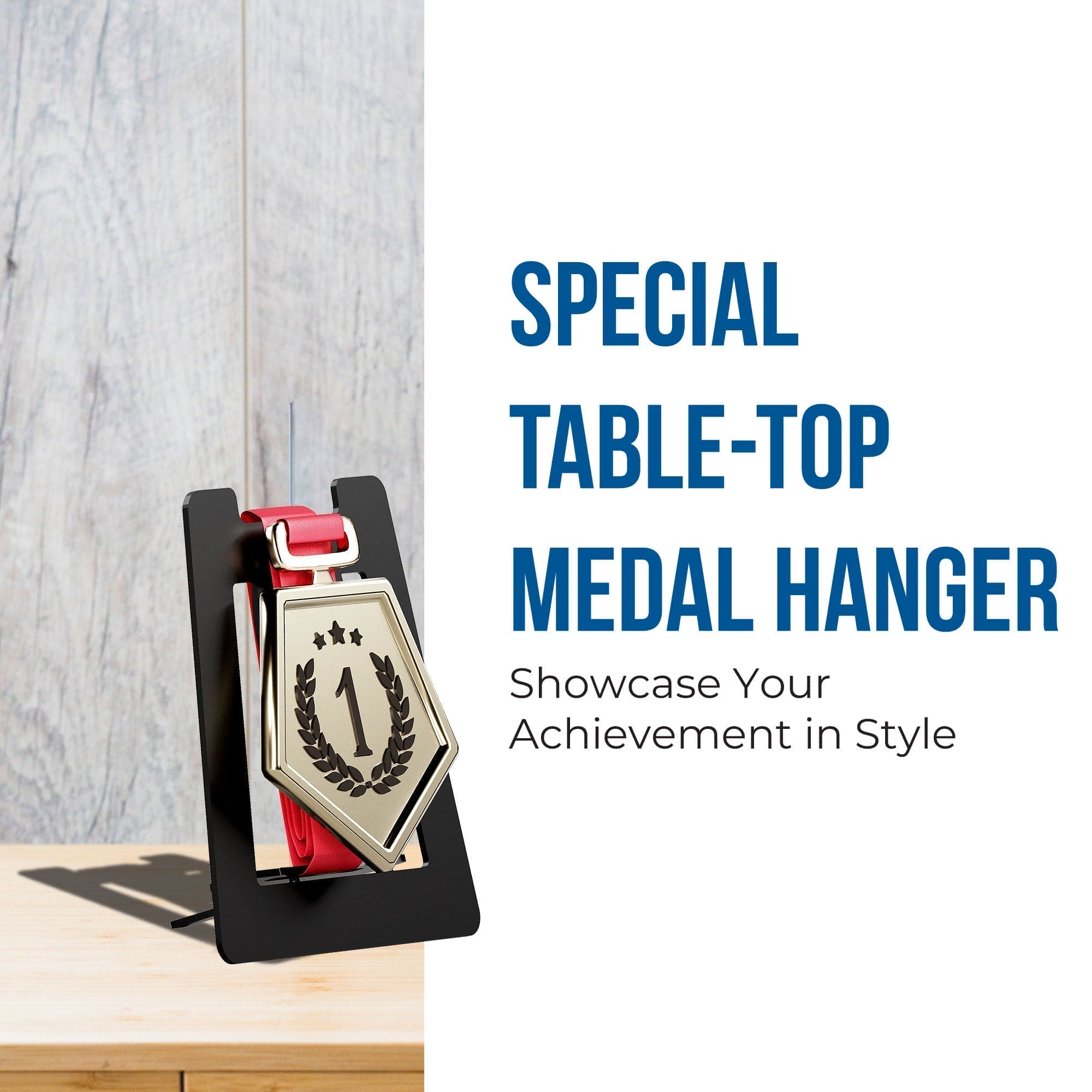 GLORY MEDAL HANGERS Single special Medal Table Top Display Holder (Pack of 1) - Black Metal Glossy Finish | Tabletop Medals Ribbon Rack | Special Medal Hanger for Sports Achievements