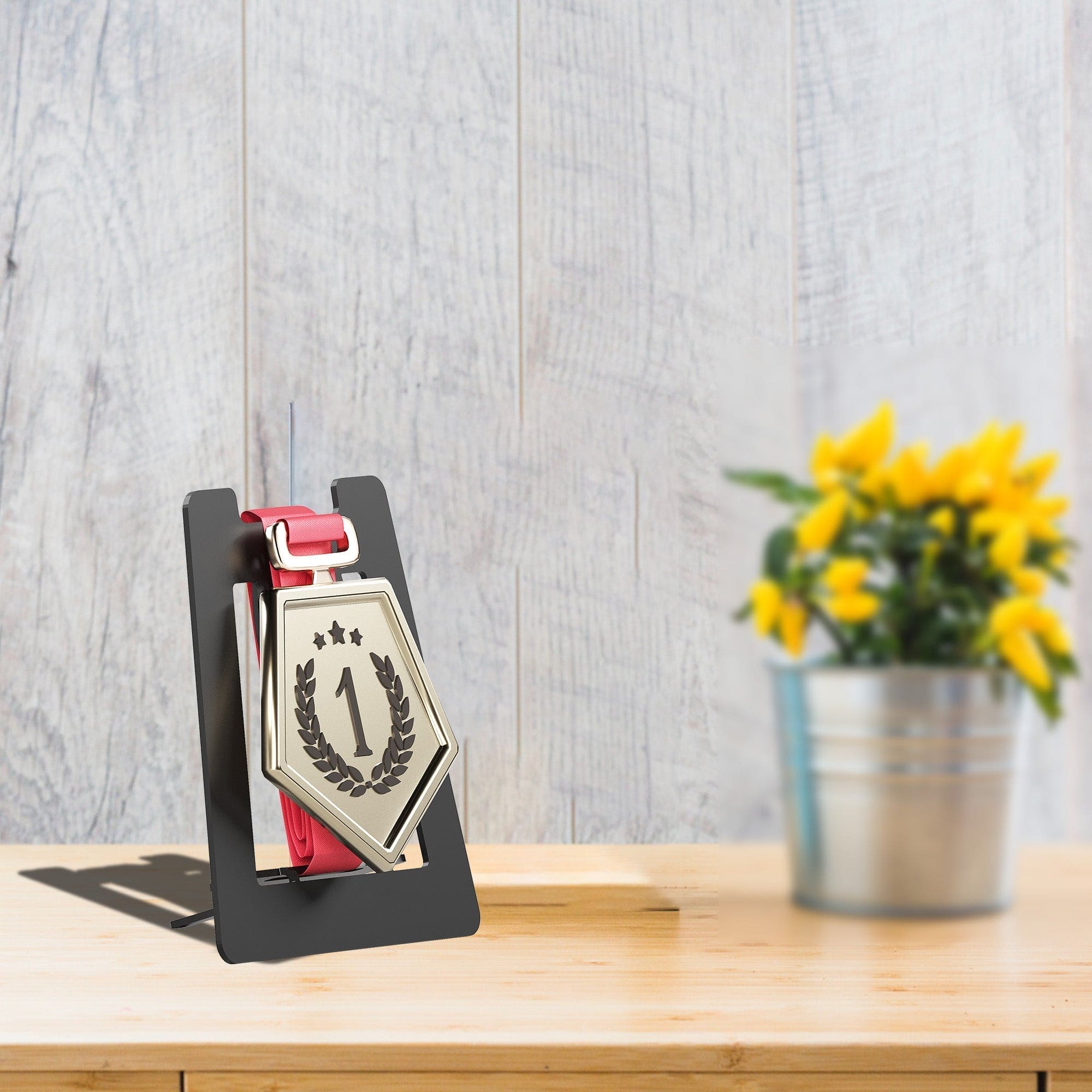 Single Special Medal Table Top Display Holder - Black Metal Glossy Finish