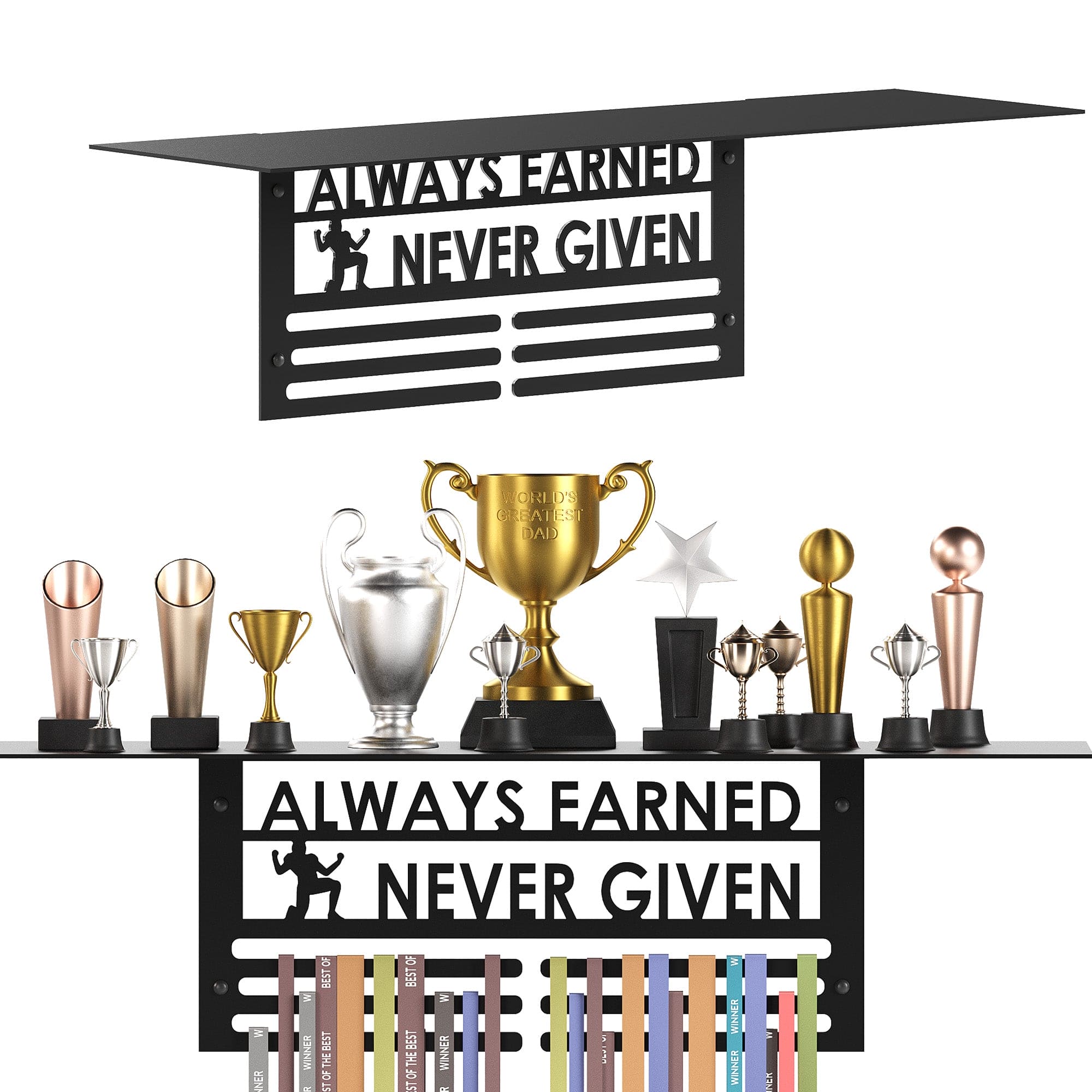 Glory Trophy Rack with Medal Hanger - Always Earned Never Given– Holds Up to 8 Trophies and 30 Medals – Glossy Black Finish – Metal Display for Sports Achievements – Perfect for Homes
