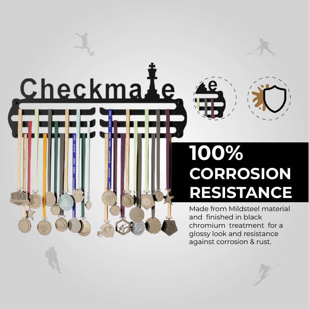 Check Mate - Hang up to 60+ Medals - Steel (48 * 30 CM) - Glory Medal Hangers Wall Display | Black, Glossy Finish