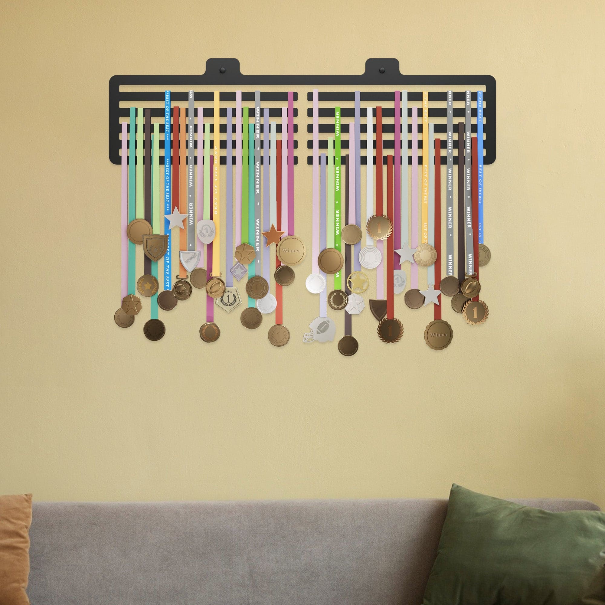 GLORY MEDAL HANGERS | Plain Display Medal Holder - Holds Up to 90 Medals Sports Wall Display | Steel | Black, Glossy Finish (Large Holds Up to 90 Medals)