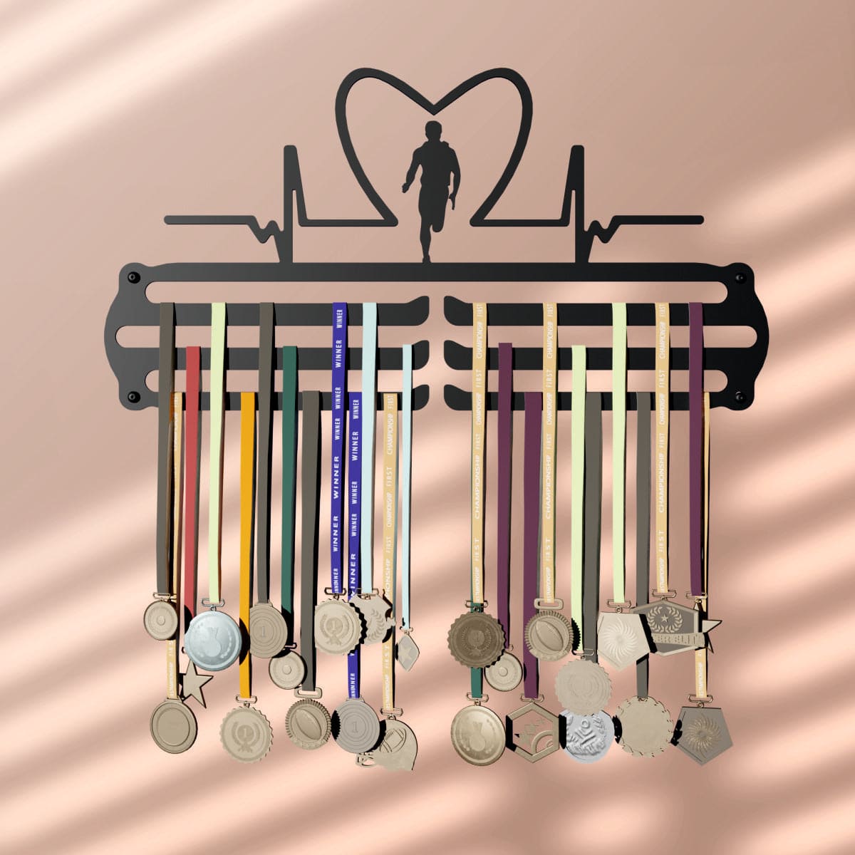 Glory Medal Hangers - Heart Rate Men Medal Holder - Large Metal Wall Display - Holds Up to 90 Medals - Black, Glossy Finish - Perfect for Kids and Athletes