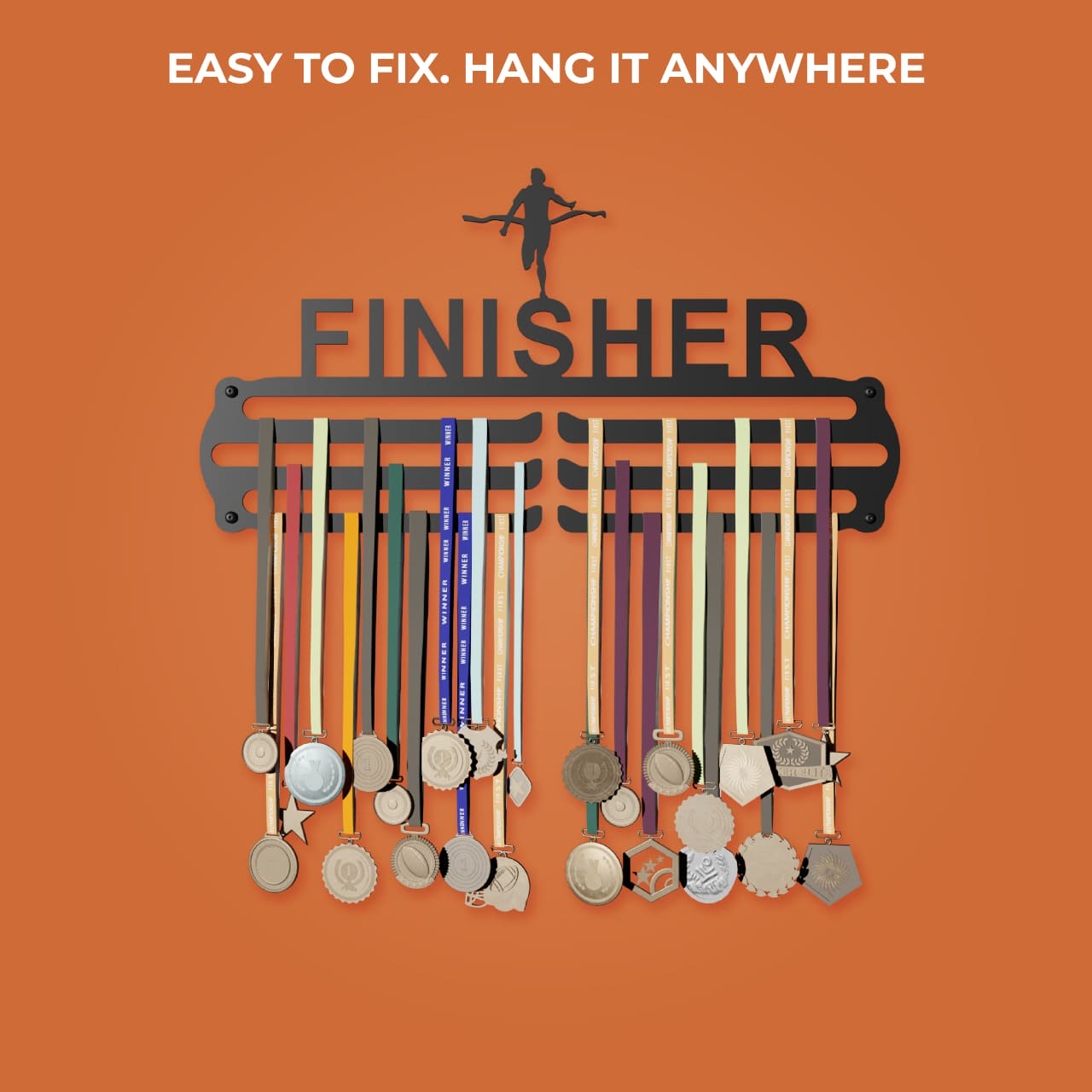 Finisher - Hang up to 60+ Medals - Steel (48 * 30 CM) - Glory Medal Hangers Wall Display | Black, Glossy Finish