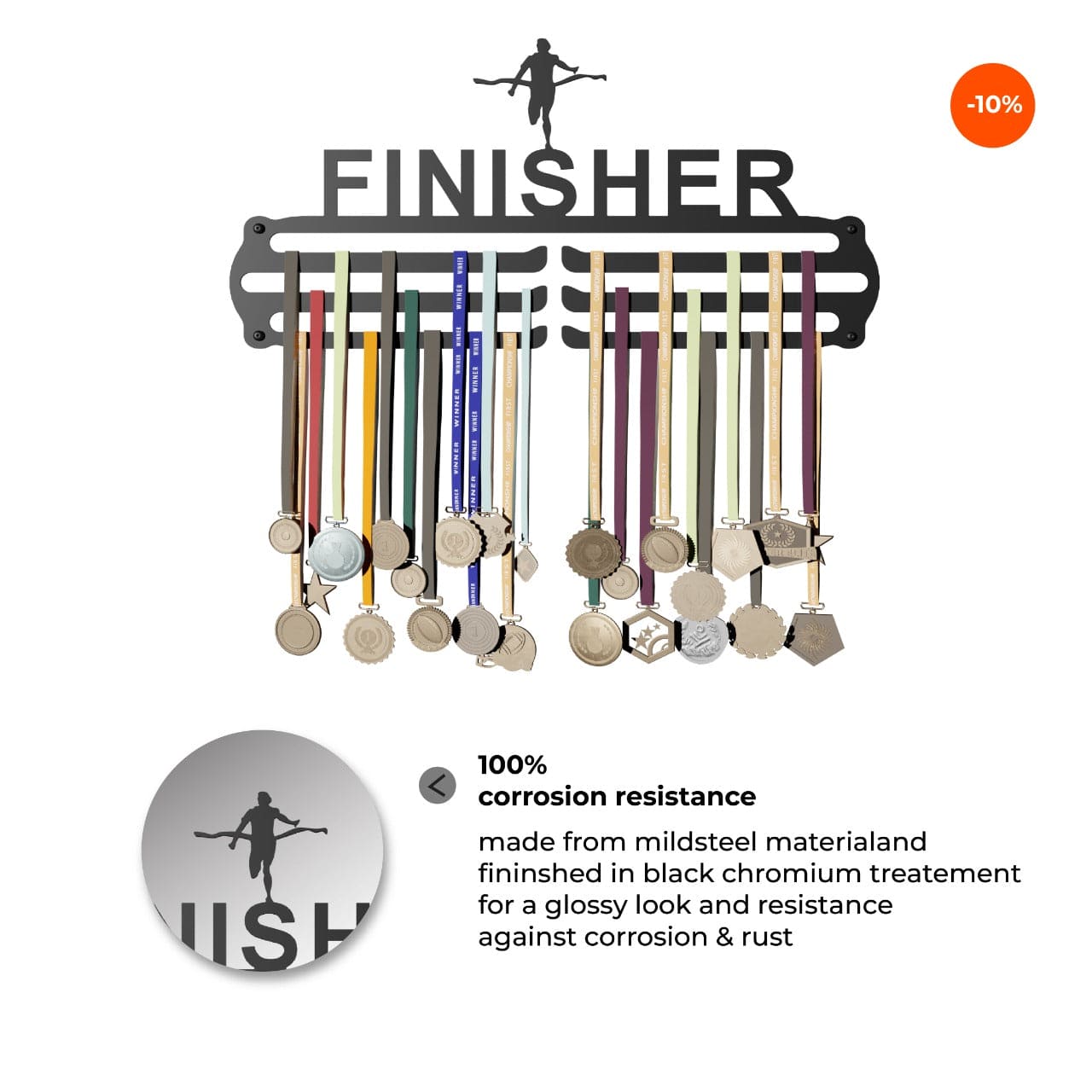 Finisher - Hang up to 60+ Medals - Steel (48 * 30 CM) - Glory Medal Hangers Wall Display | Black, Glossy Finish
