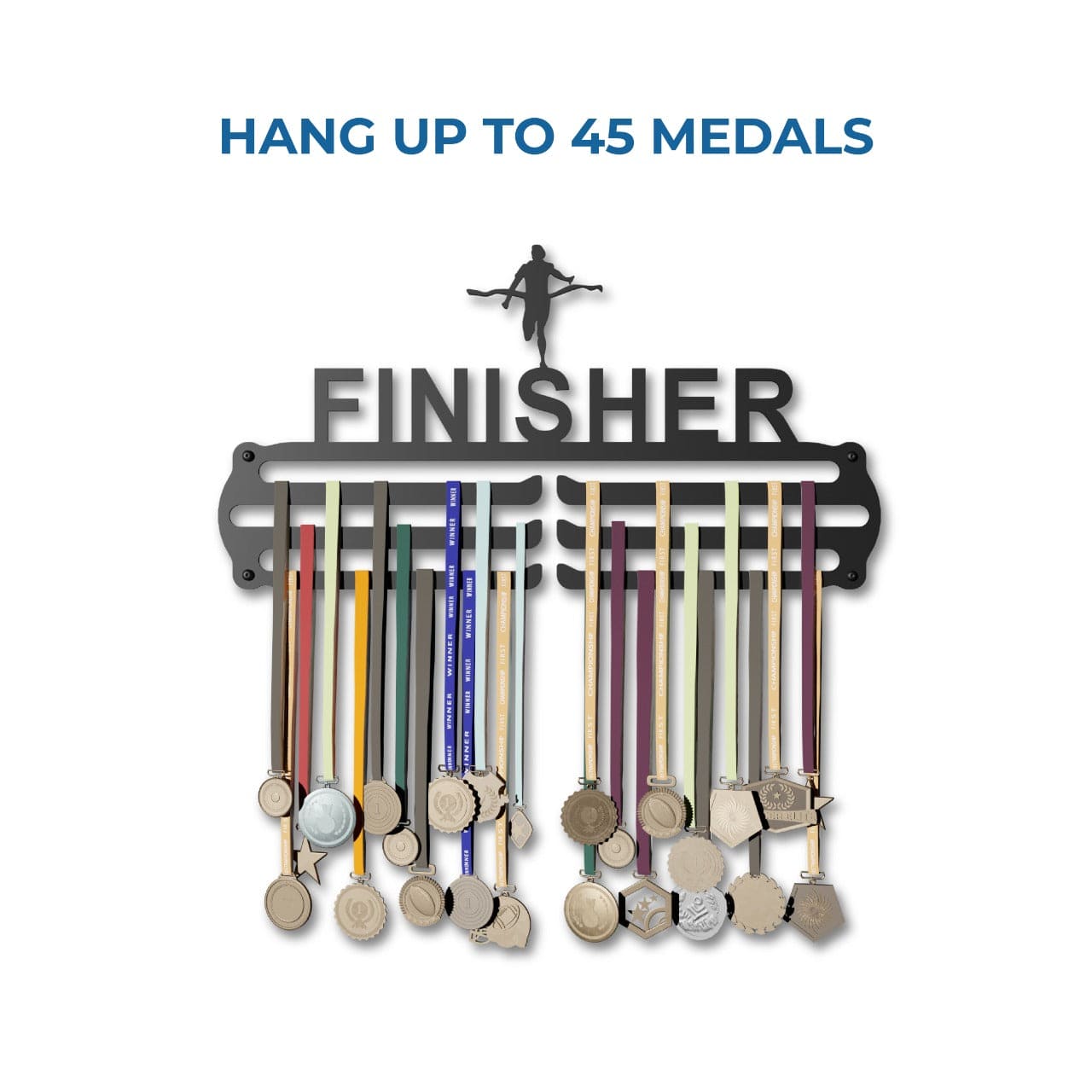 Finisher - Hang up to 60+ Medals - Steel (48 * 30 CM) - Glory Medal Hangers Wall Display | Black, Glossy Finish