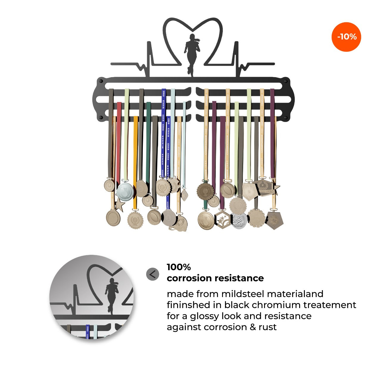 Heart Rate Girl - Hang up to 60+ Medals - Steel (48 * 30 CM) - Glory Medal Hangers Wall Display | Black, Glossy Finish