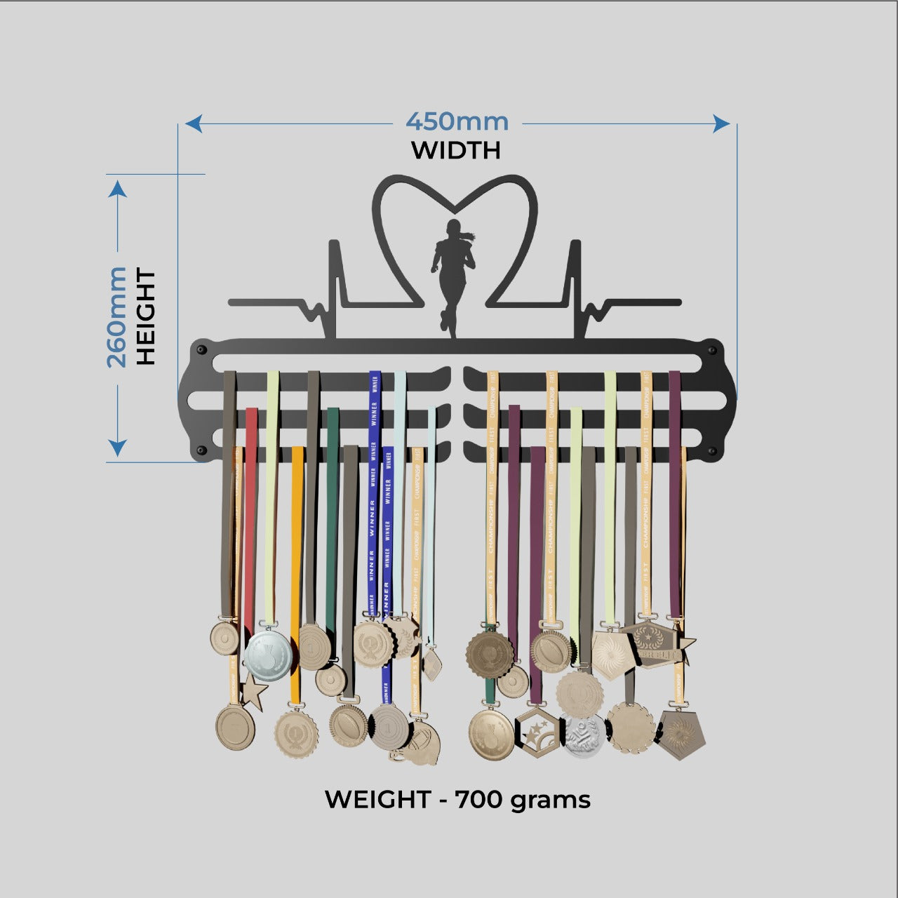 Heart Rate Girl - Hang up to 60+ Medals - Steel (48 * 30 CM) - Glory Medal Hangers Wall Display | Black, Glossy Finish