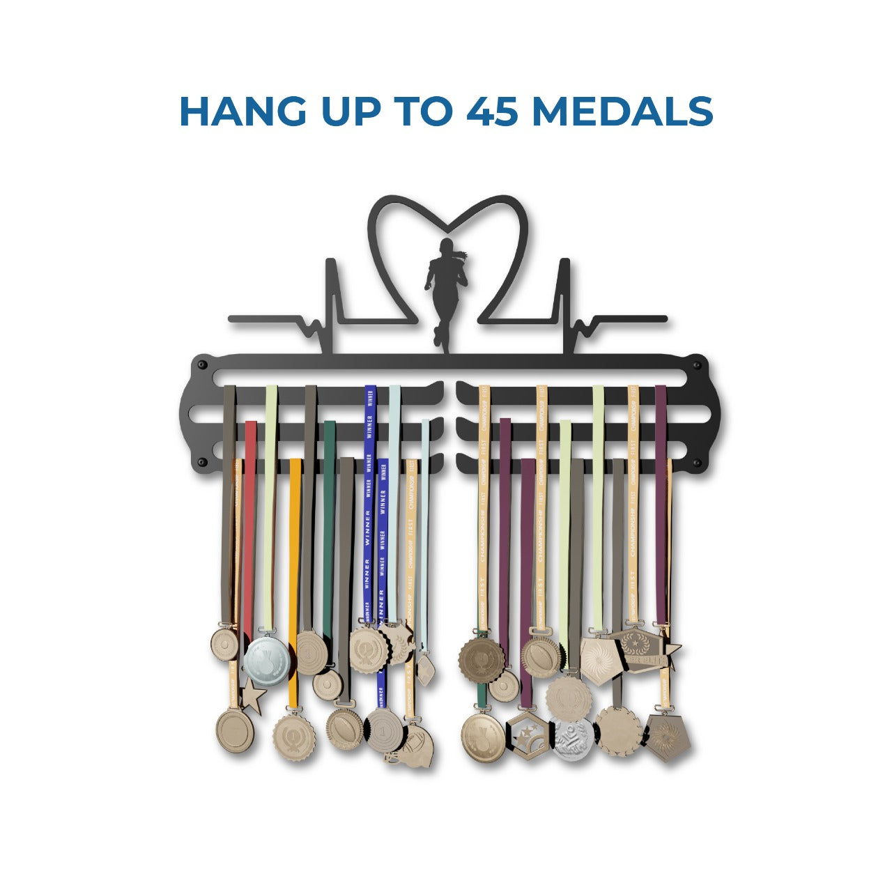 Heart Rate Girl - Hang up to 60+ Medals - Steel (48 * 30 CM) - Glory Medal Hangers Wall Display | Black, Glossy Finish