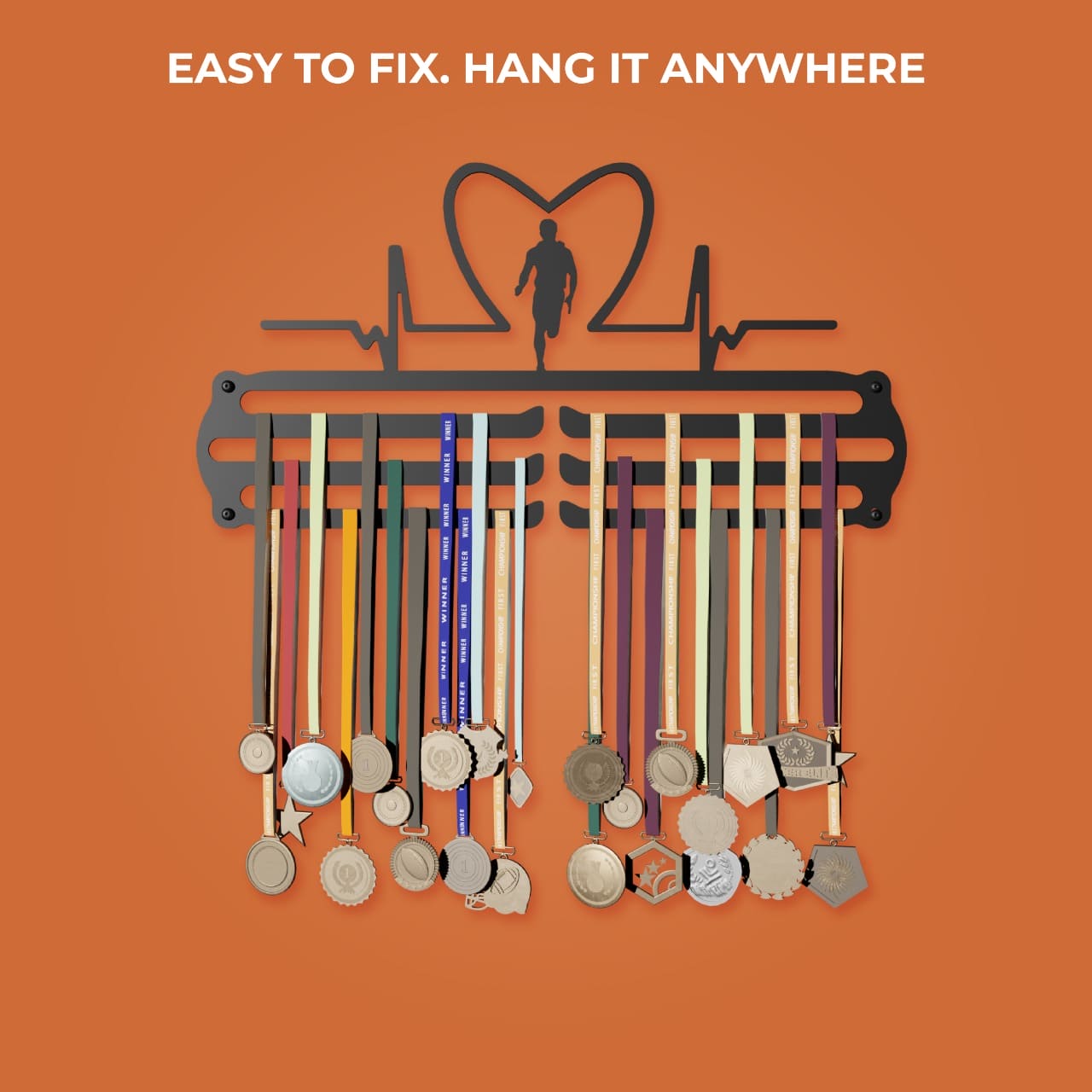 Glory Medal Hangers - Heart Rate Men Medal Holder - Large Metal Wall Display - Holds Up to 90 Medals - Black, Glossy Finish - Perfect for Kids and Athletes