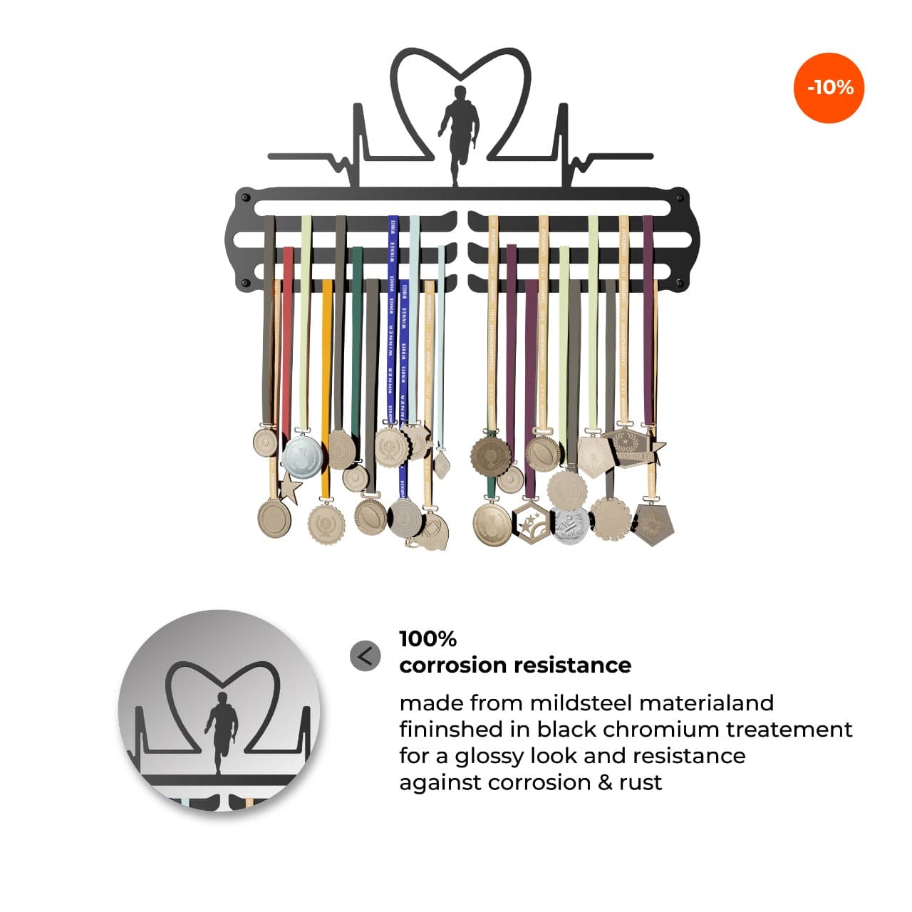 Glory Medal Hangers - Heart Rate Men Medal Holder - Large Metal Wall Display - Holds Up to 90 Medals - Black, Glossy Finish - Perfect for Kids and Athletes