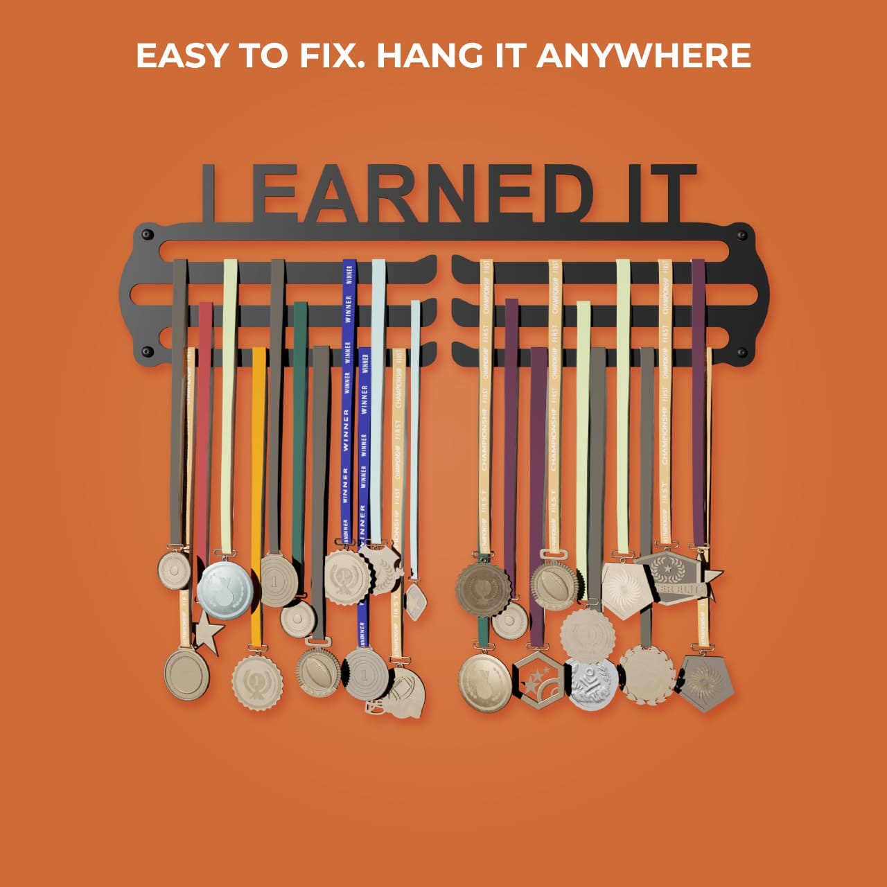 Glory Medal Hangers - I Earned It Medal Holder - Large Metal Wall Display - Holds Up to 90 Medals - Black, Glossy Finish - Perfect for Kids and Athletes