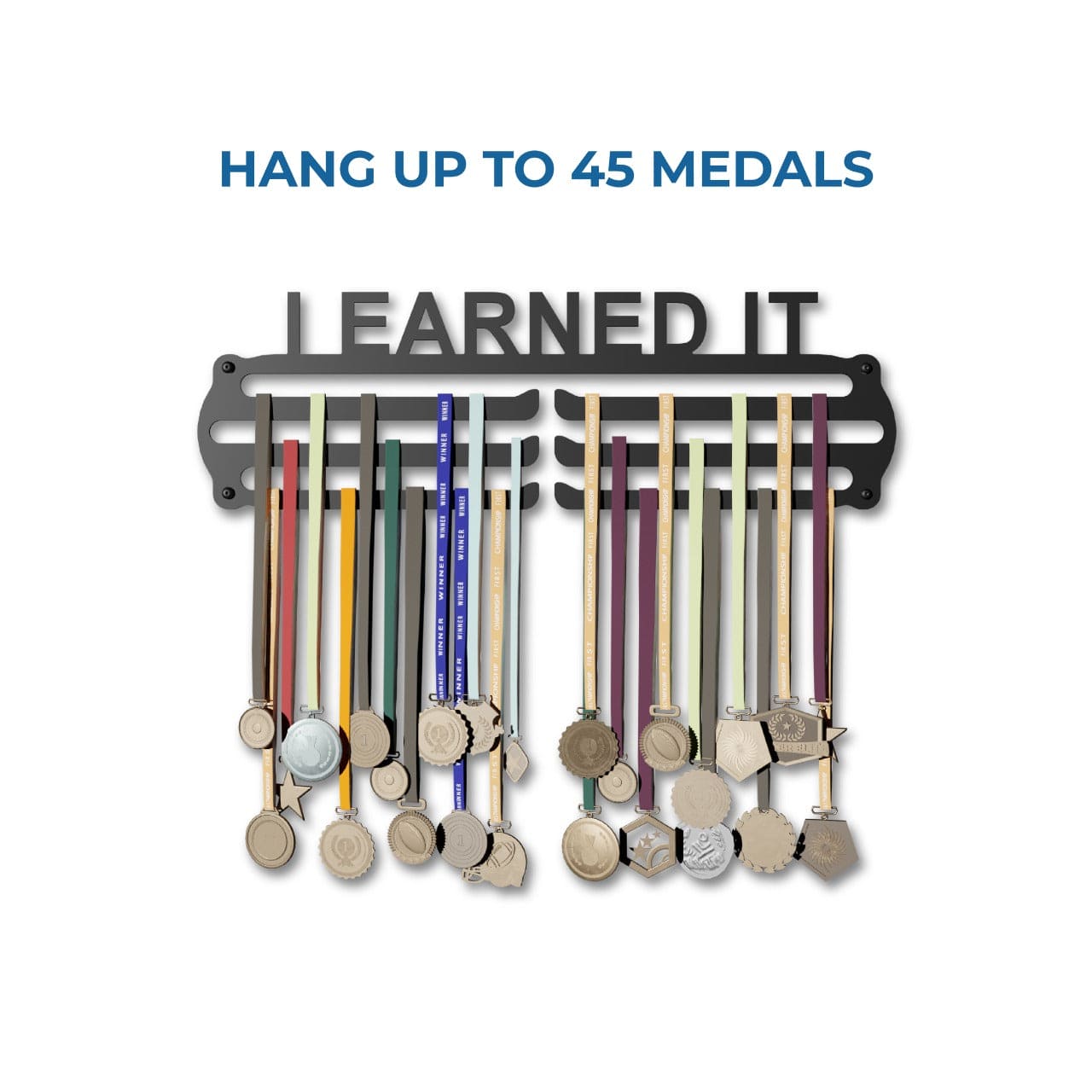 Glory Medal Hangers - I Earned It Medal Holder - Large Metal Wall Display - Holds Up to 90 Medals - Black, Glossy Finish - Perfect for Kids and Athletes