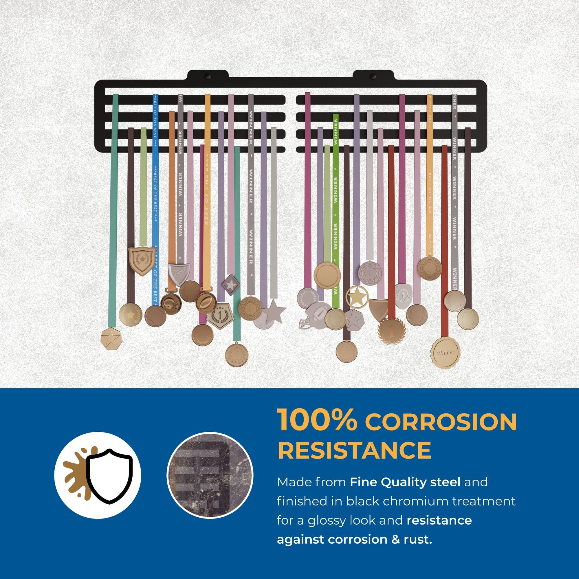 Plain Display Medal Holder - Holds Up to 45 Medals (38 * 08 CM) Sports Wall Display | Steel | Black, Glossy Finish
