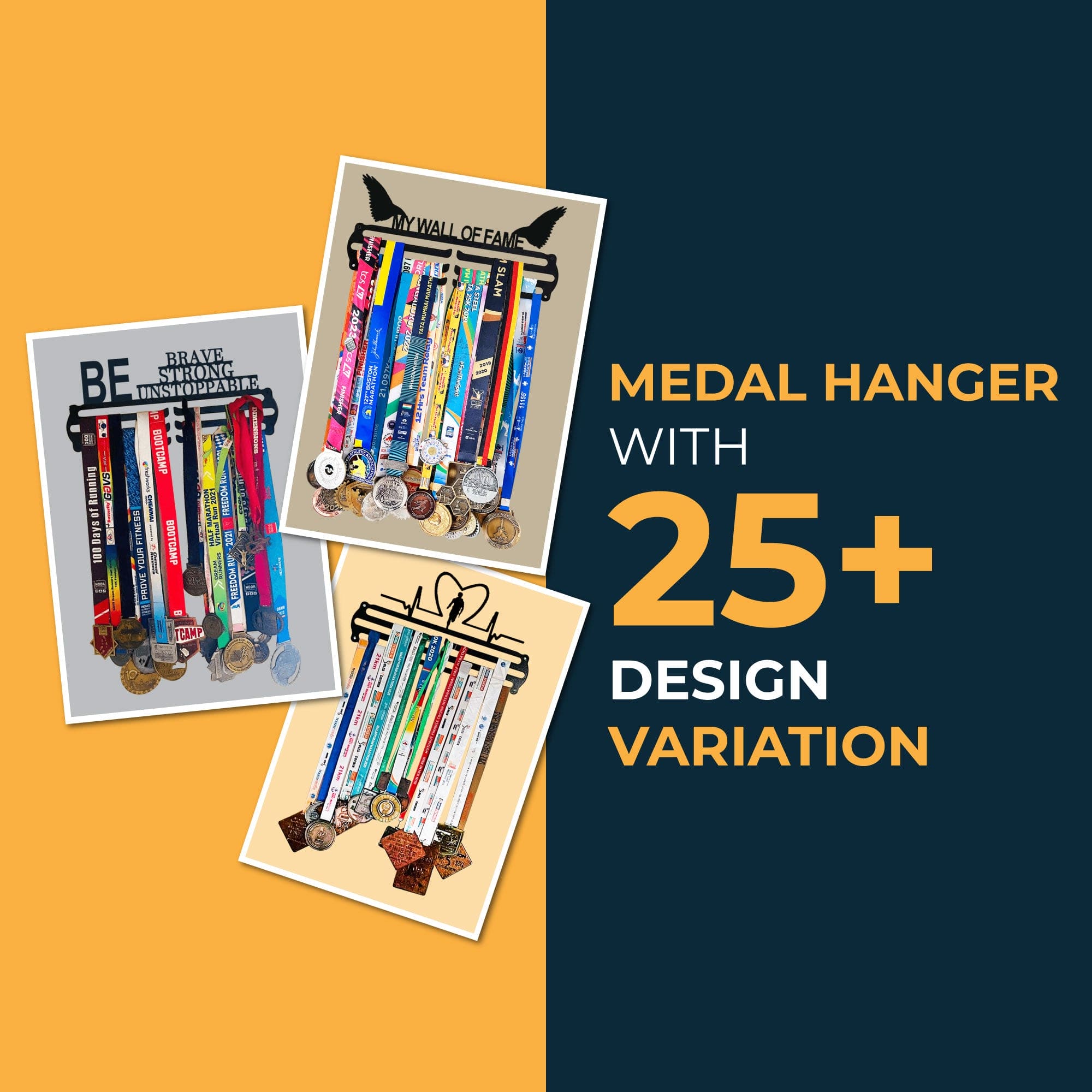 CHAMPION - Hang up to 60+ Medals - Steel (48 * 30 CM) - Glory Medal Hangers Wall Display | Black, Glossy Finish