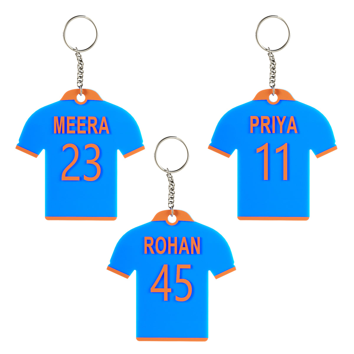 Customized Jersey Keychain with Name & Number | Personalized Sports Jersey Keychain | Sky Blue with Orange Border