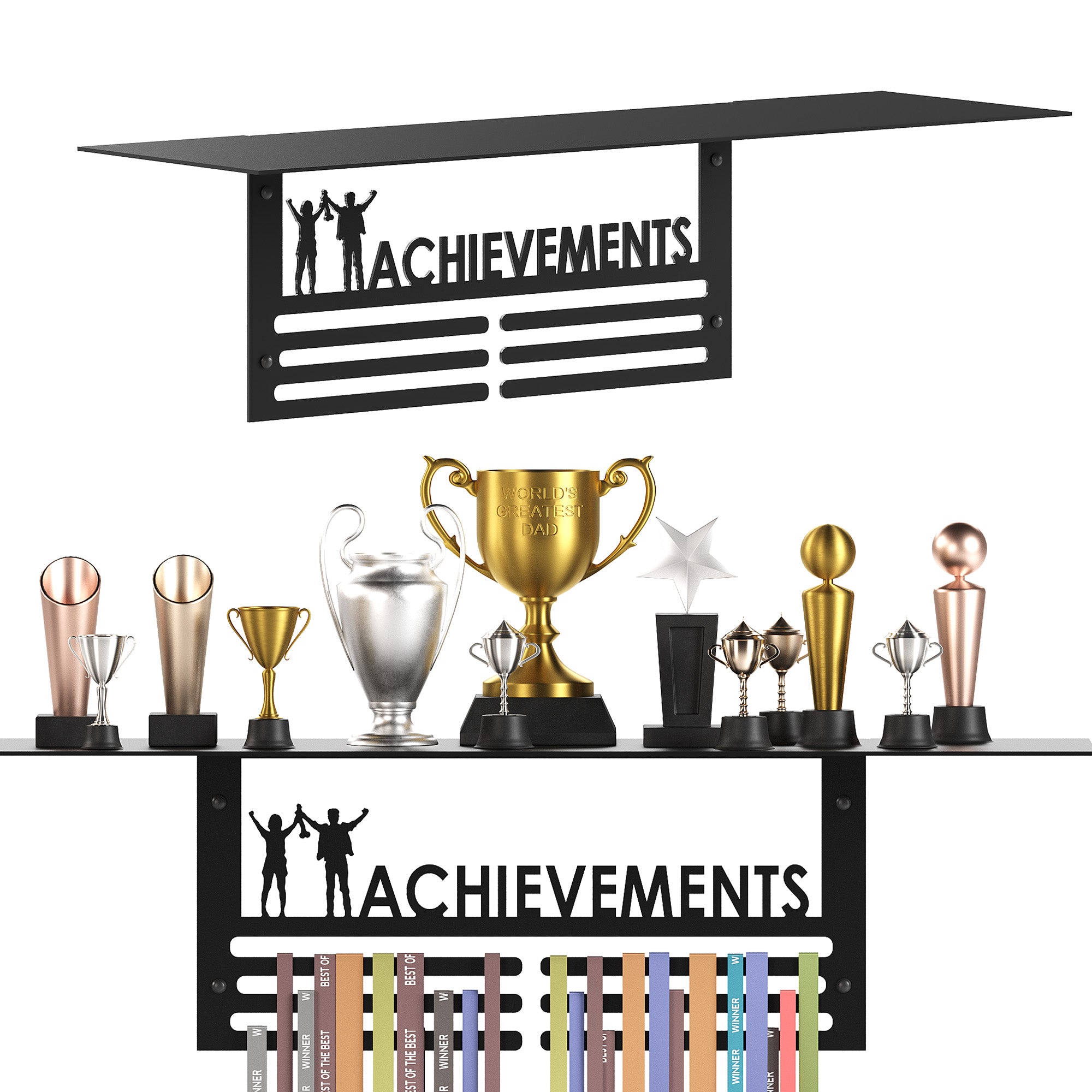 Trophy Rack with Medal Hanger - Achievement – Holds Up to 8 Trophies and 30 Medals – Glossy Black Finish – Metal Display for Sports Achievements – Perfect for Homes, Schools, and Sports Clubs