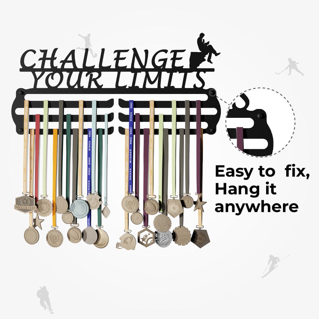 CHALLENGE - Hang up to 60+ Medals - Steel (48 * 30 CM) - Glory Medal Hangers Wall Display | Black, Glossy Finish