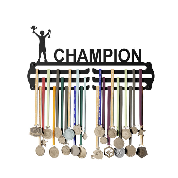 CHAMPION - Hang up to 60+ Medals - Steel (48 * 30 CM) - Glory Medal Hangers Wall Display | Black, Glossy Finish