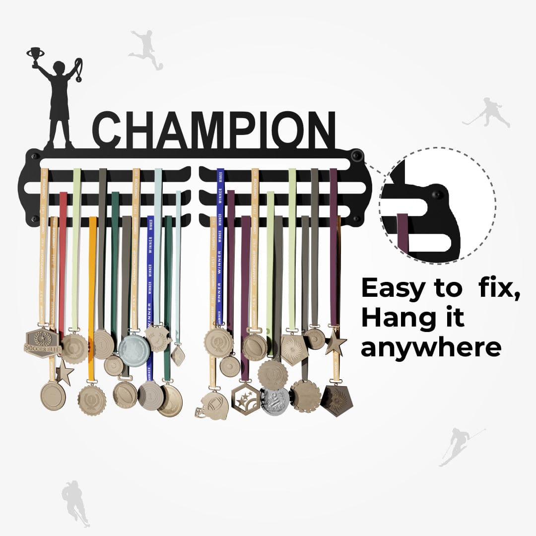 CHAMPION - Hang up to 60+ Medals - Steel (48 * 30 CM) - Glory Medal Hangers Wall Display | Black, Glossy Finish