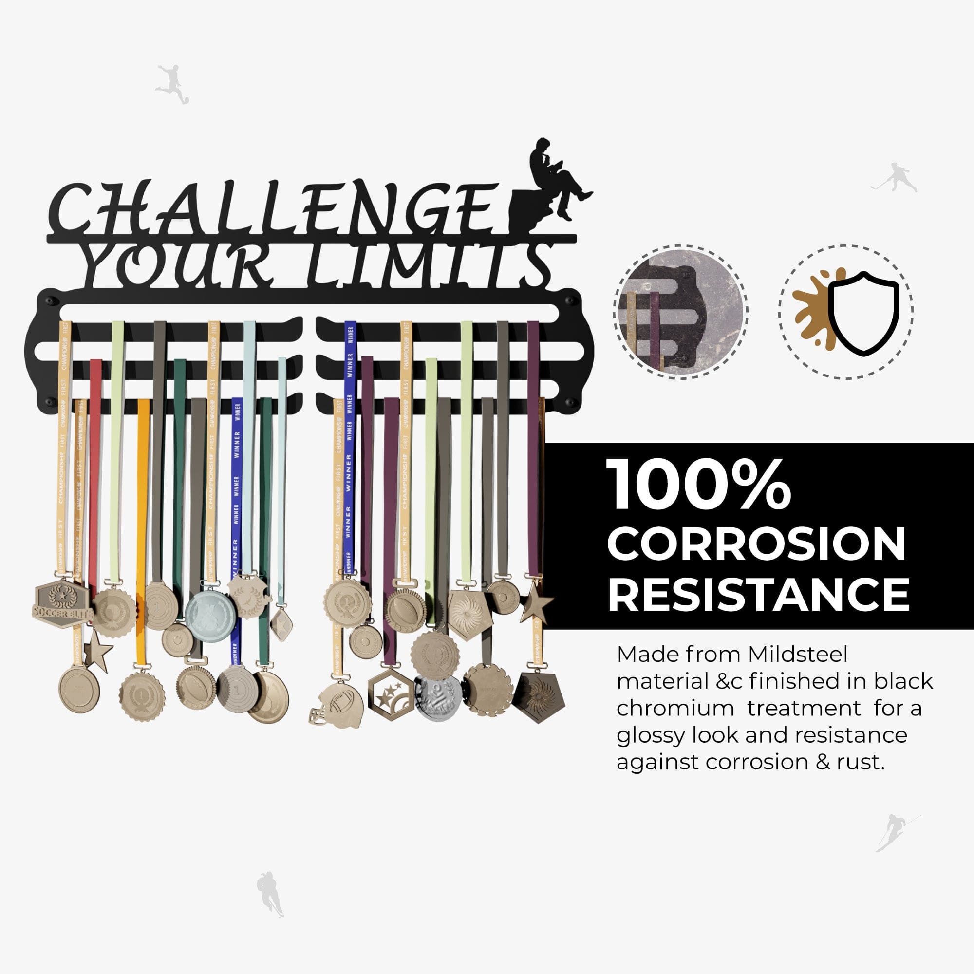 CHALLENGE - Hang up to 60+ Medals - Steel (48 * 30 CM) - Glory Medal Hangers Wall Display | Black, Glossy Finish