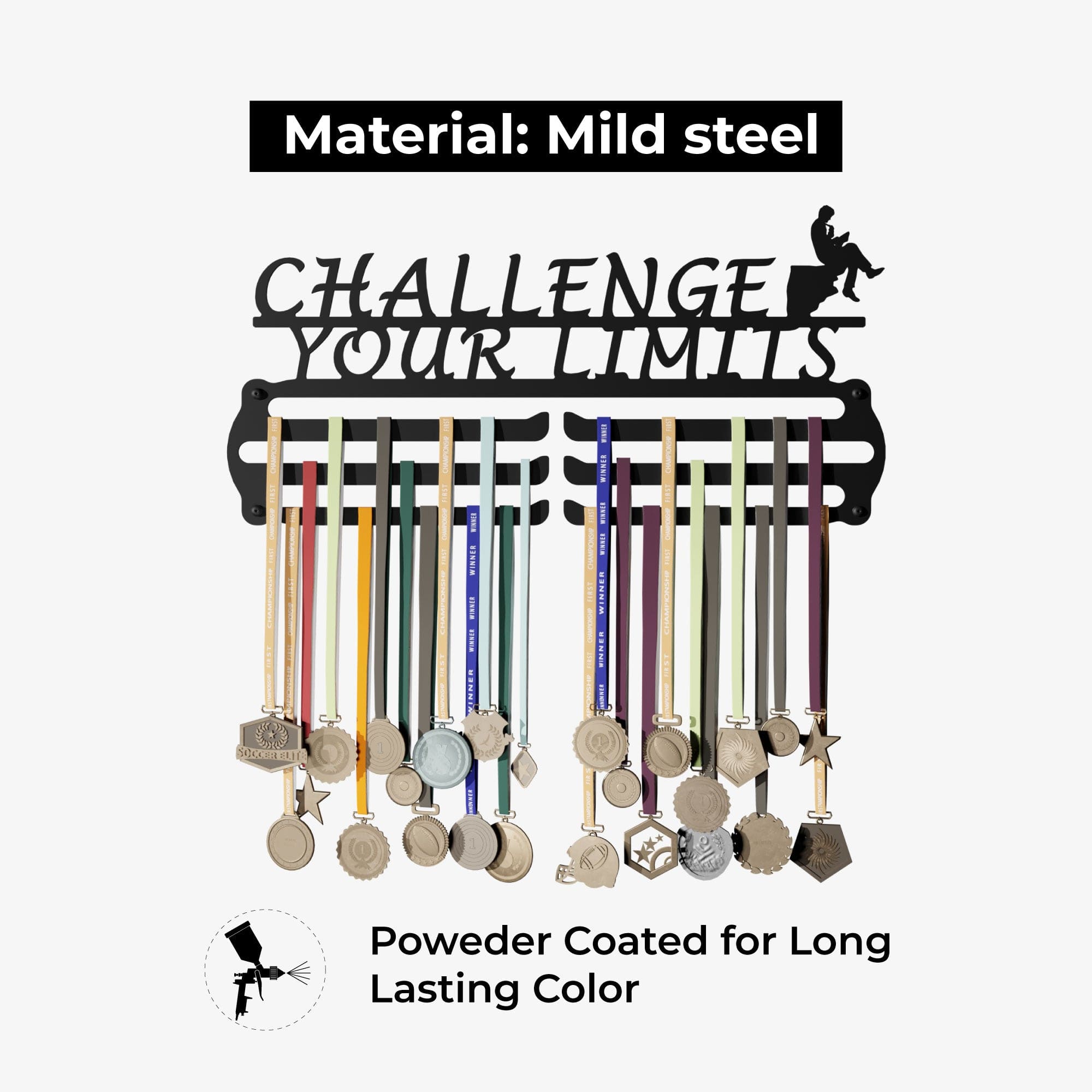CHALLENGE - Hang up to 60+ Medals - Steel (48 * 30 CM) - Glory Medal Hangers Wall Display | Black, Glossy Finish