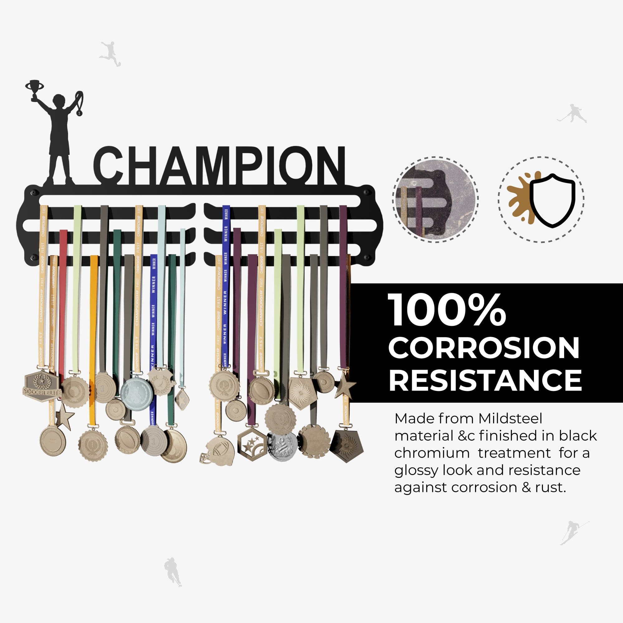 CHAMPION - Hang up to 60+ Medals - Steel (48 * 30 CM) - Glory Medal Hangers Wall Display | Black, Glossy Finish