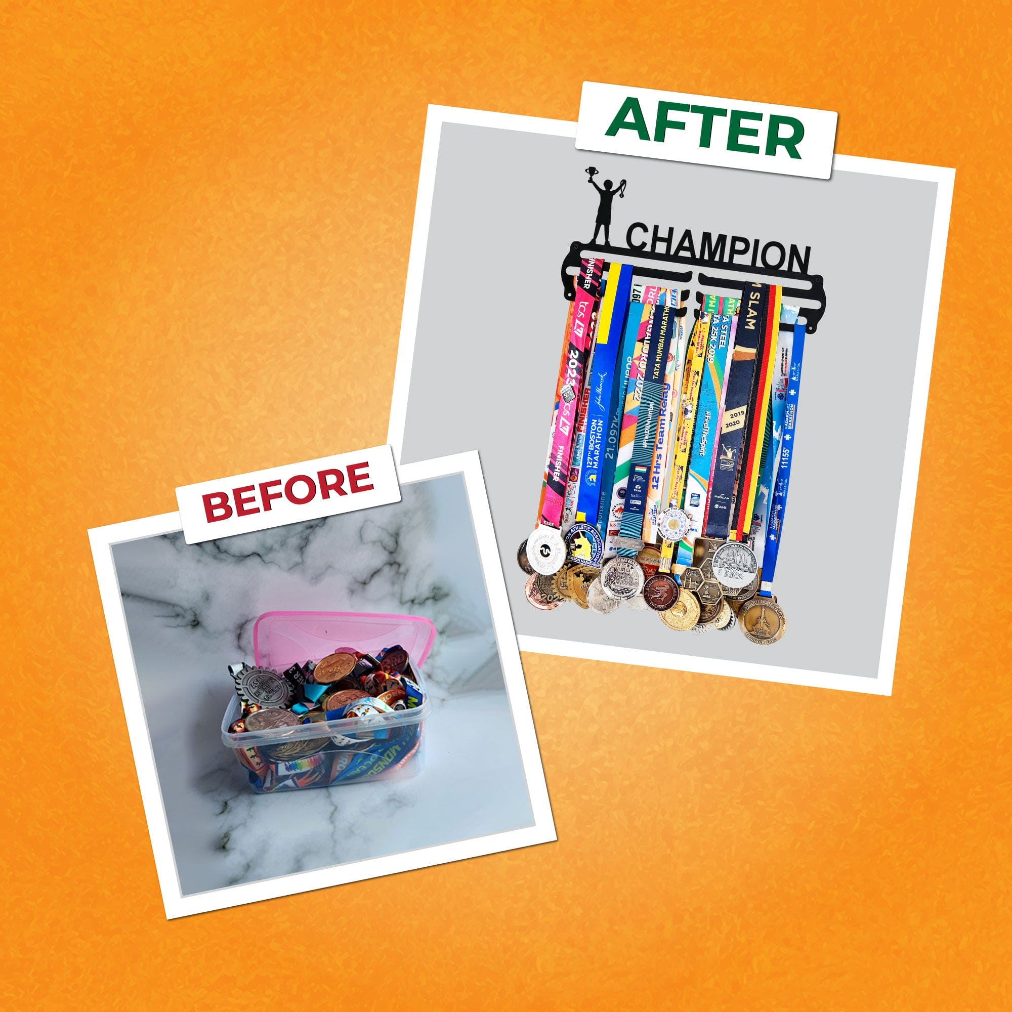 CHAMPION - Hang up to 60+ Medals - Steel (48 * 30 CM) - Glory Medal Hangers Wall Display | Black, Glossy Finish